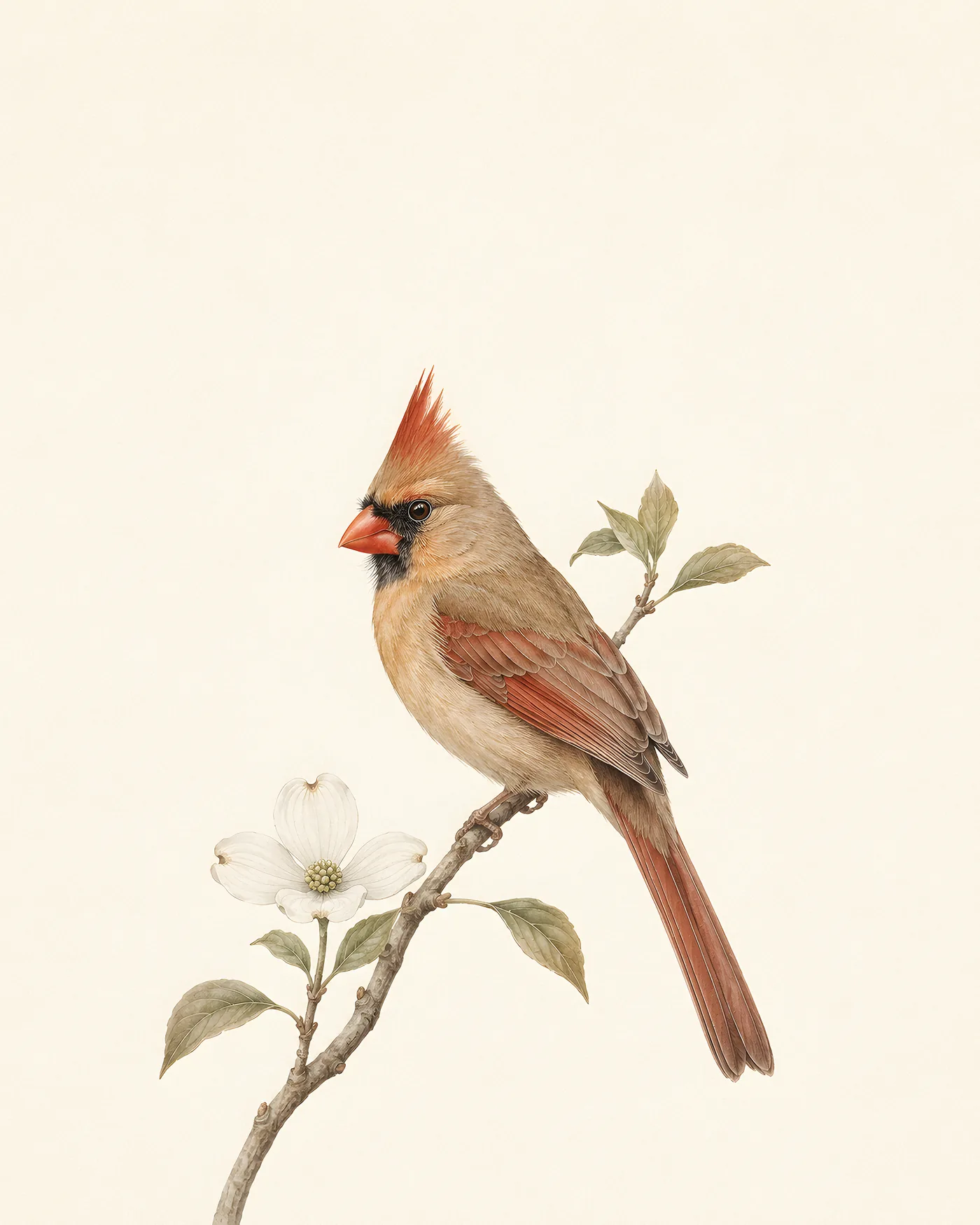 Audubon-style fine-art print of a female Northern Cardinal perched on a branch