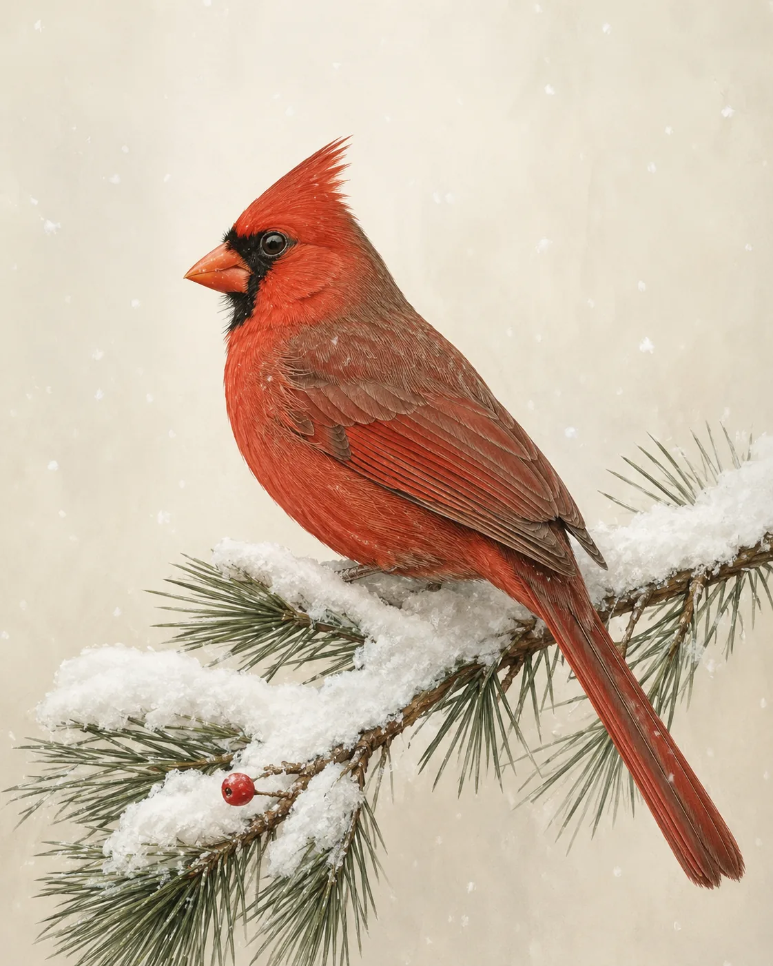 Audubon-style fine-art print of a male Northern Cardinal perched in snow