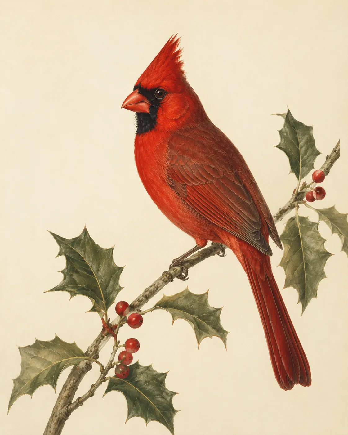 Fine-art print of a male Northern Cardinal perched on a branch, Audubon-style