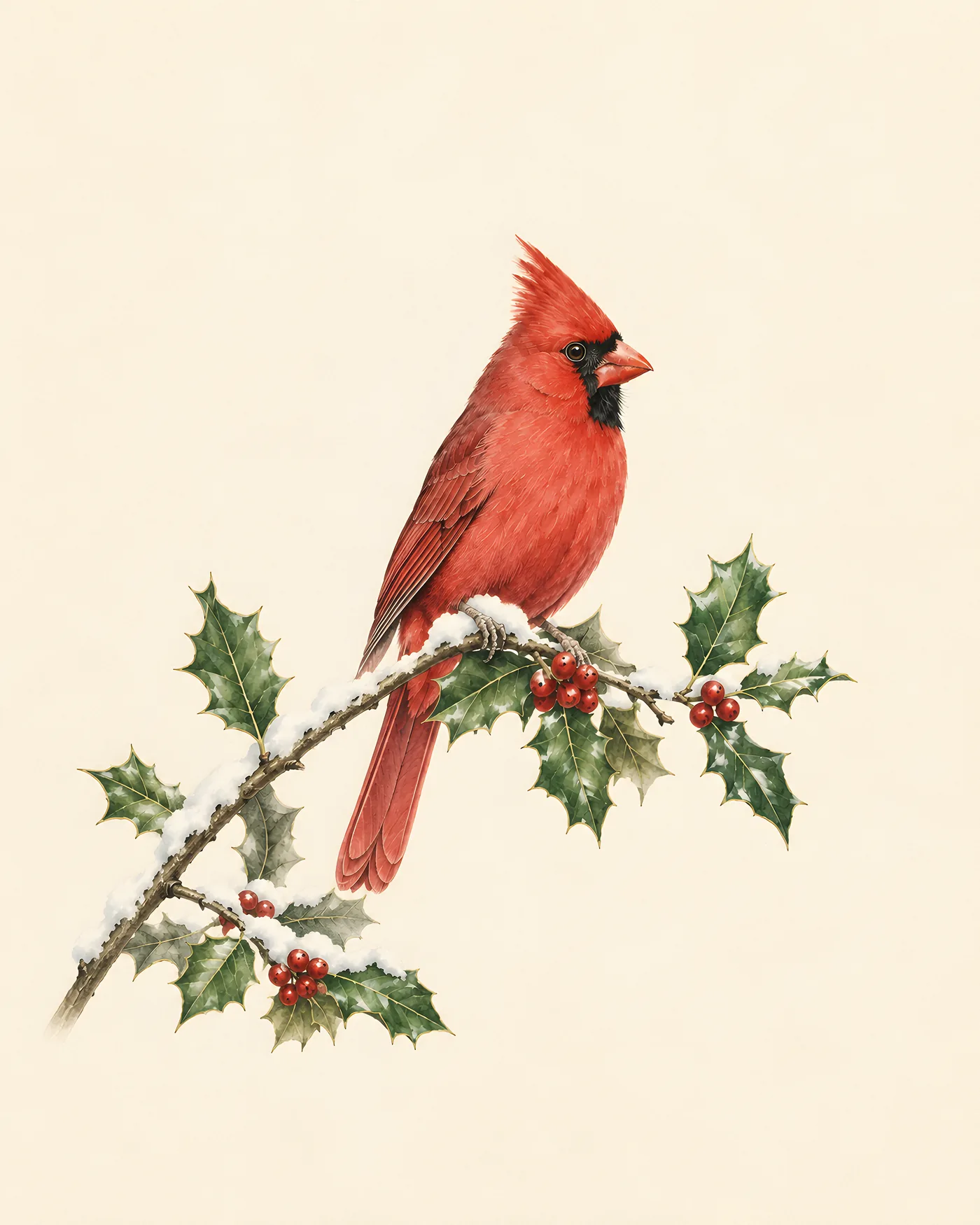 Audubon-style fine-art print of a male Northern Cardinal perched on a snowy sprig of Christmas holly