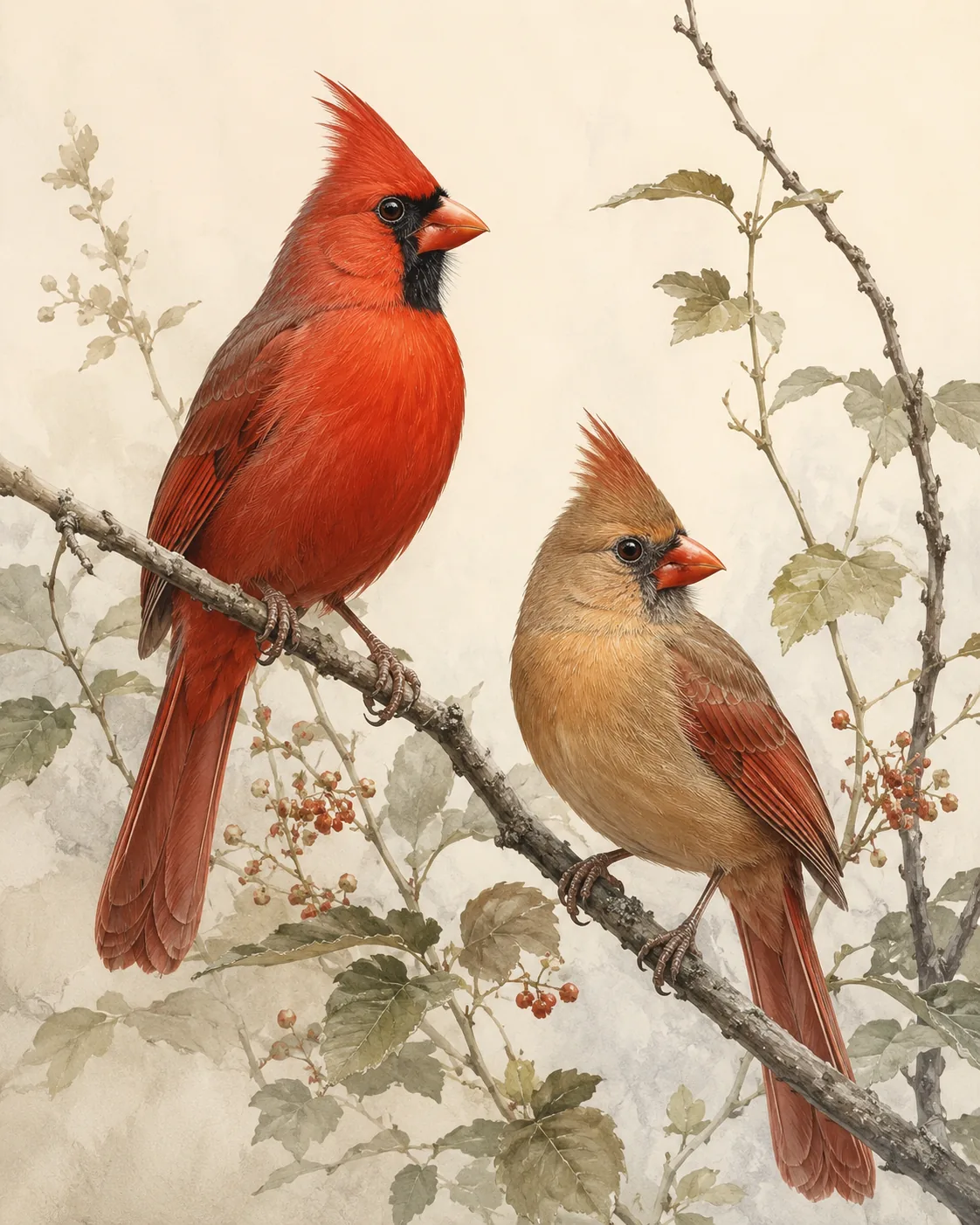 Fine-art plate of a male and female Northern Cardinal on a berried branch, the female showing the brown-and-red plumage juveniles resemble, in the Audubon style