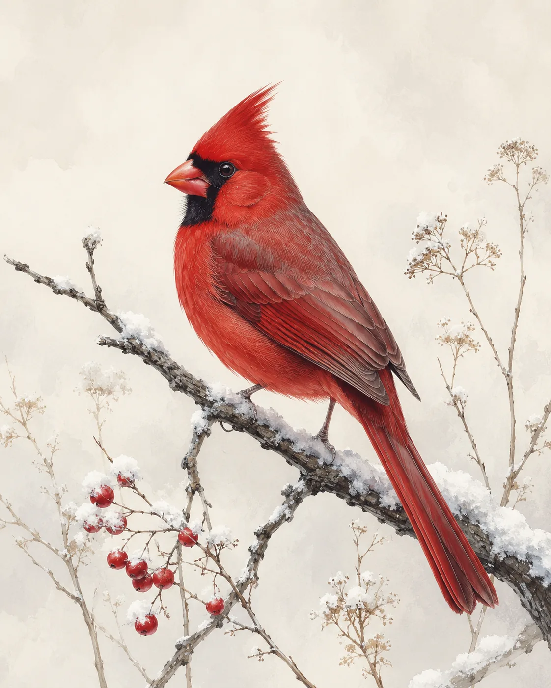Fine-art plate of a male Northern Cardinal on a snow-touched branch with red berries, in the Audubon style