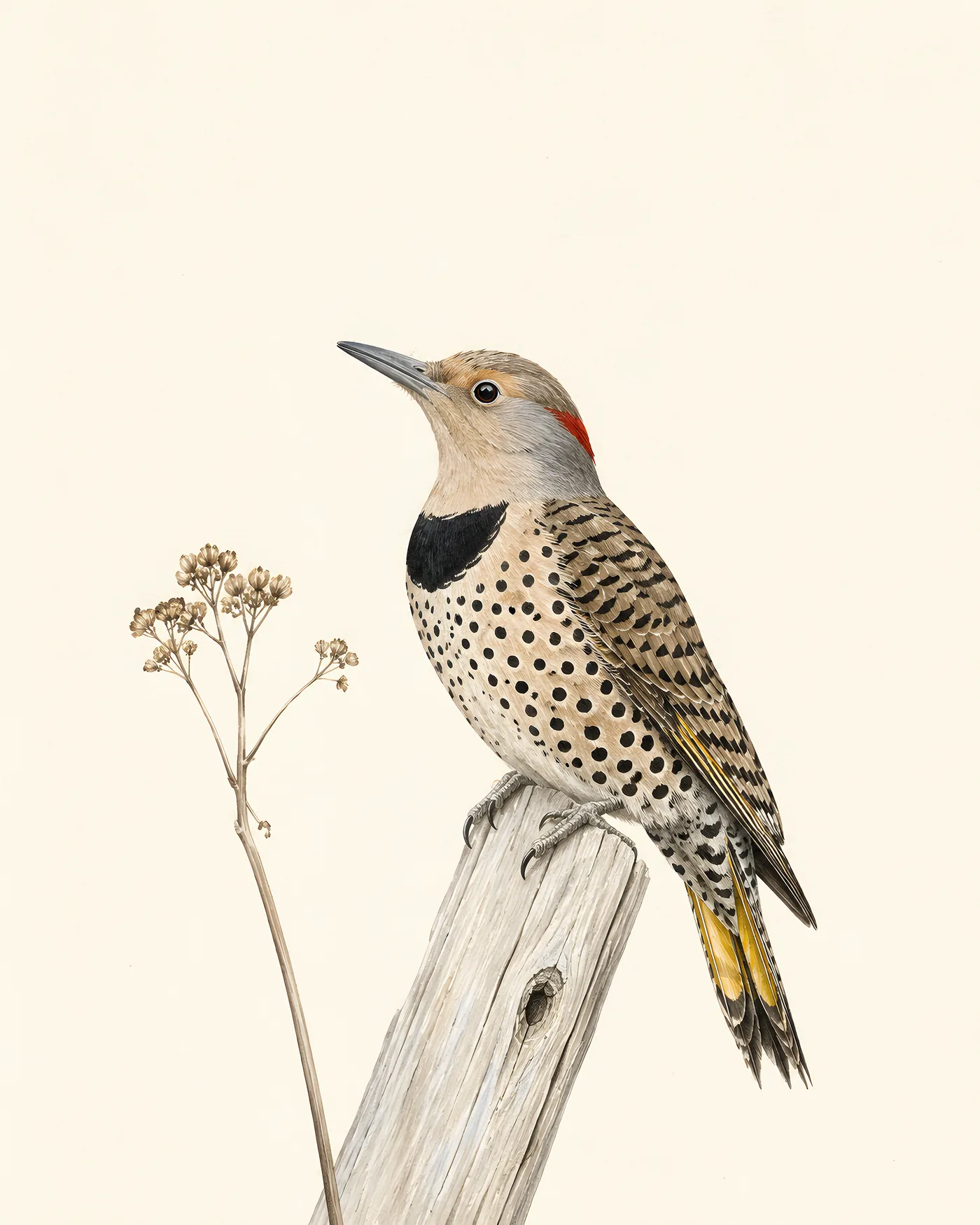 Northern Flicker with spotted breast and black bib, in the Audubon style