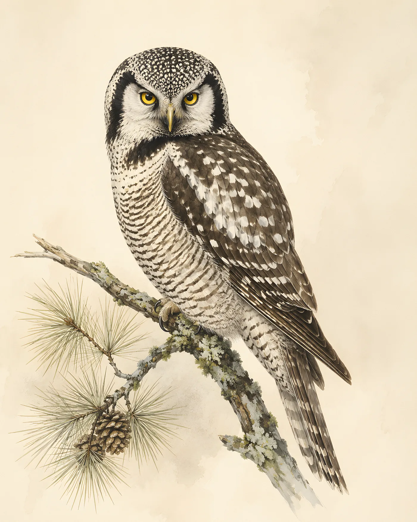 Fine-art Northern Hawk Owl print in the Audubon style