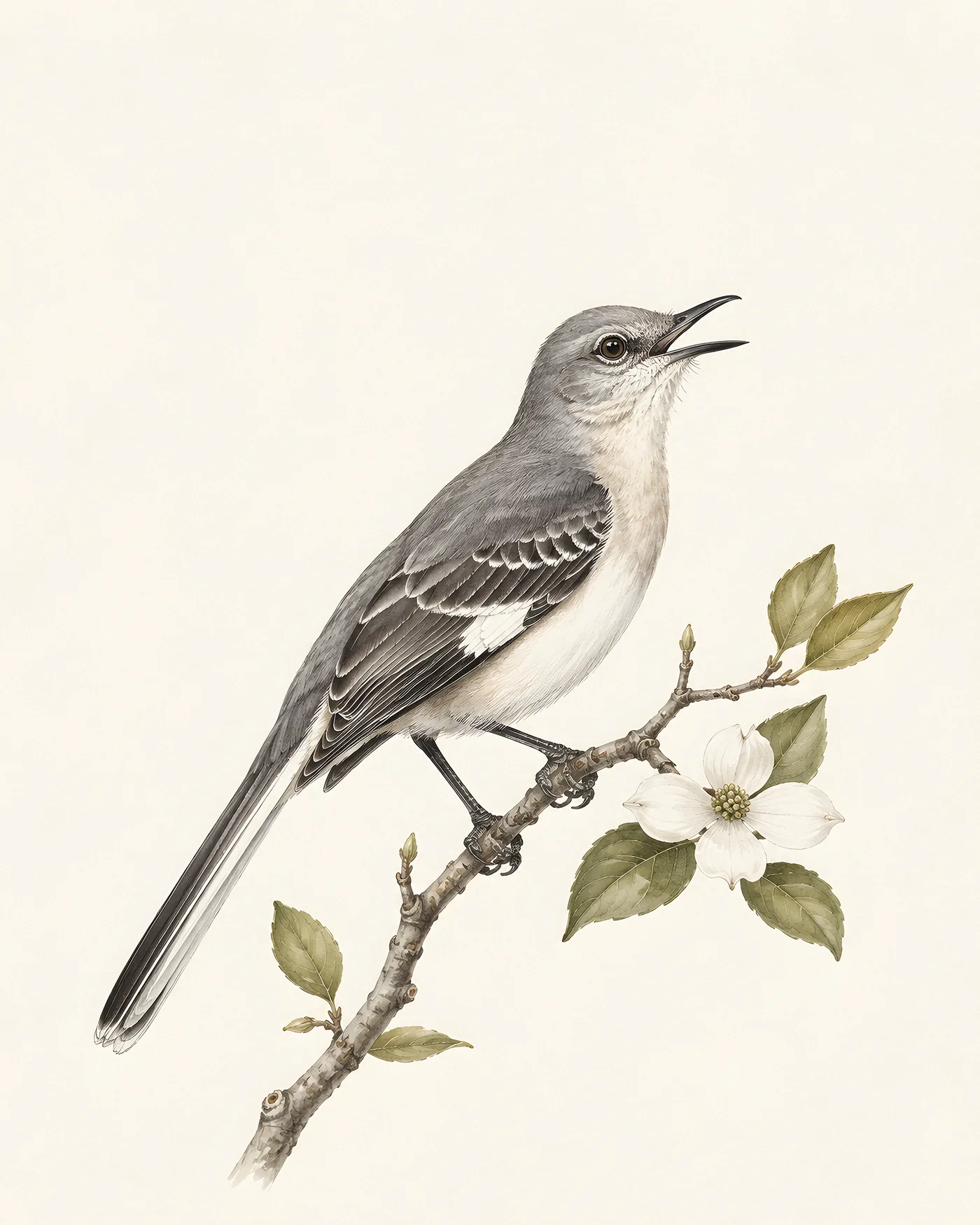 Audubon-style fine-art print of a Northern Mockingbird singing on a slender branch