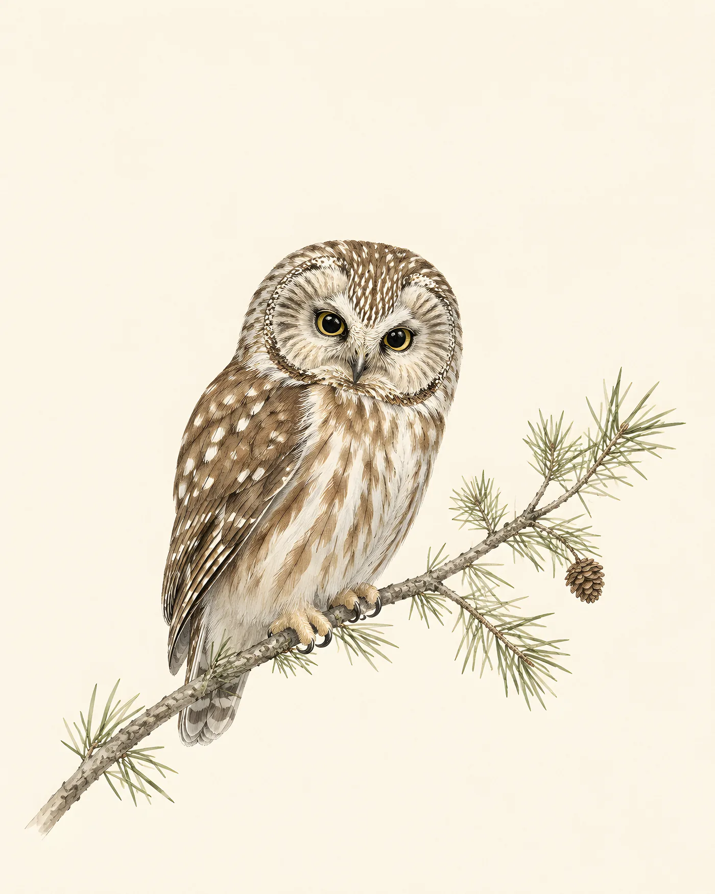 Fine-art Northern Saw-whet Owl print in the Audubon style