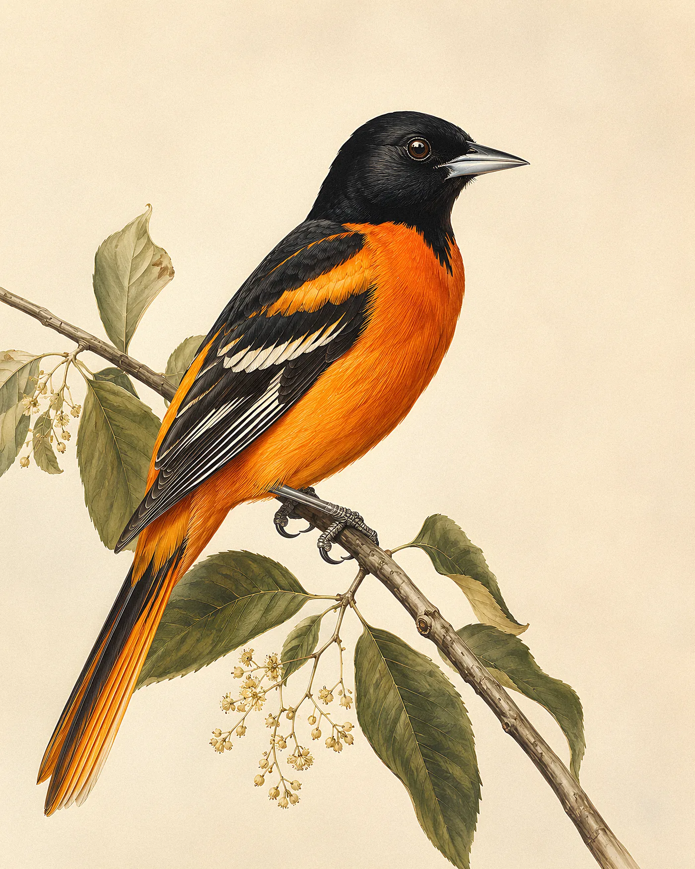 Fine-art print of a male Orchard Oriole in chestnut and black plumage perched on a flowering branch, Audubon style