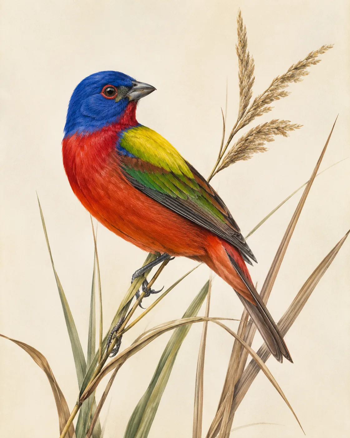 Audubon-style fine-art print of a male Painted Bunting perched on grasses