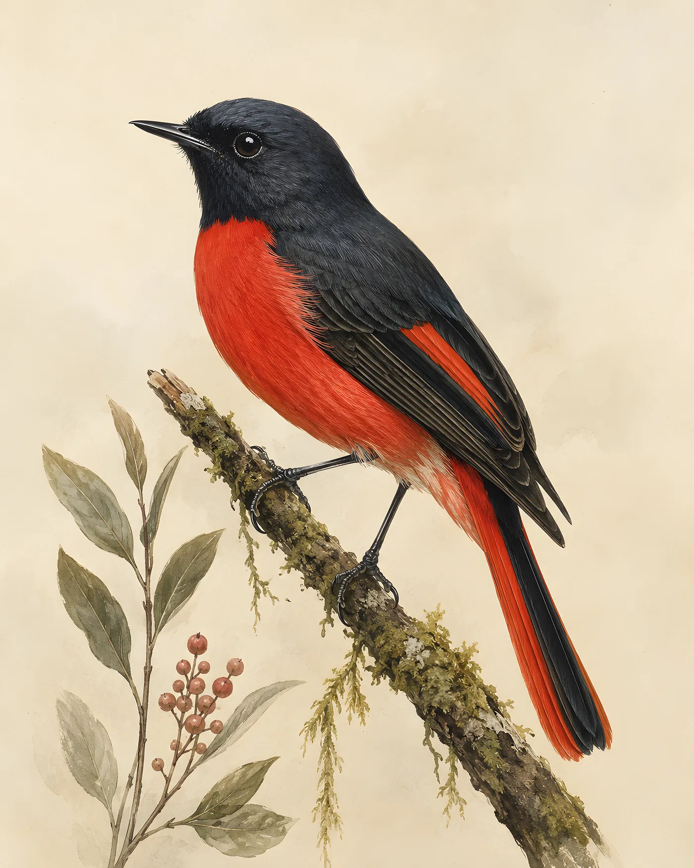 Fine-art Painted Redstart print rendered in a contemporary Audubon-inspired natural-history style with a soft paper-grain finish