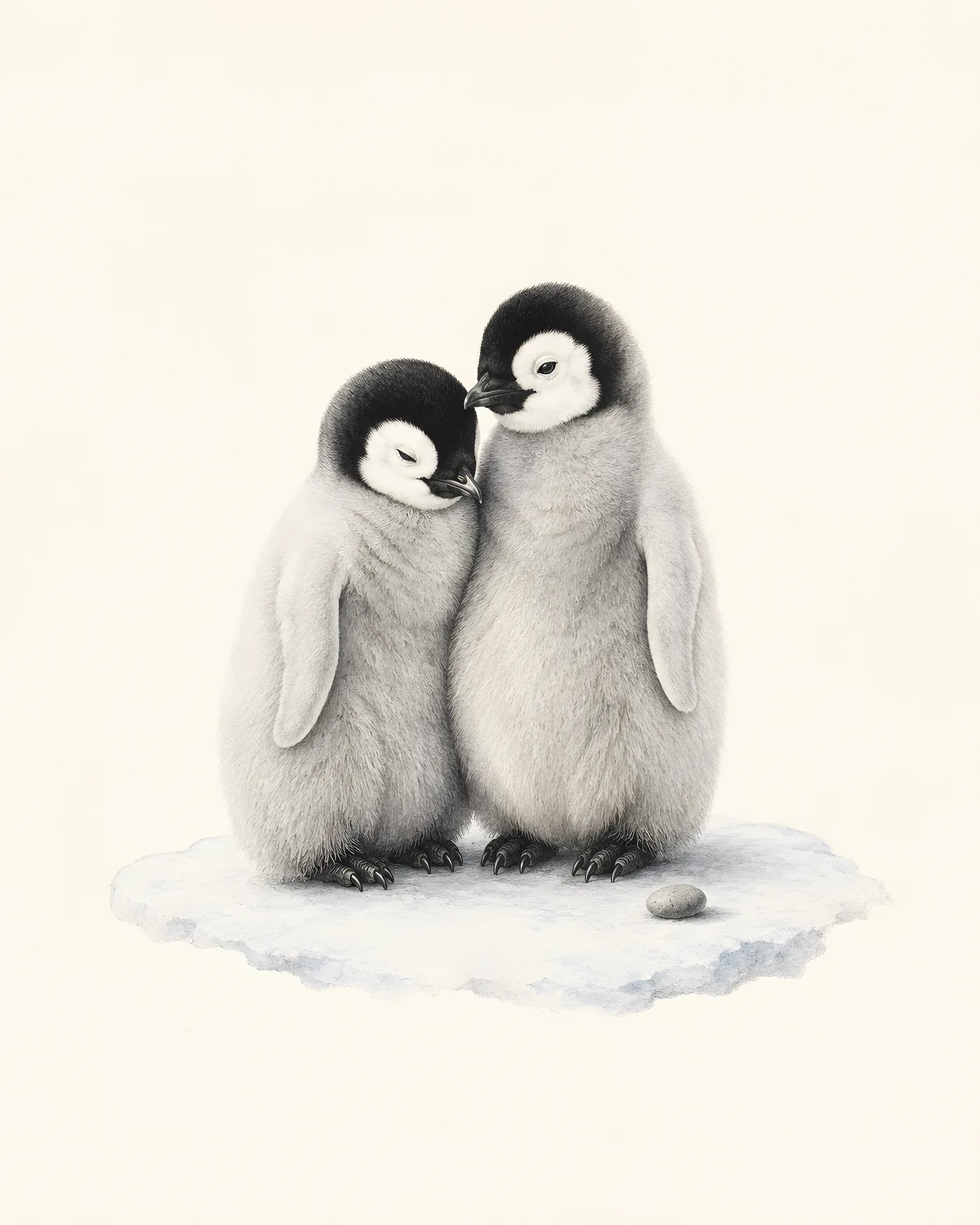Fine-art print of downy penguin chicks huddled together, soft grey-brown down and dark faces rendered in the Audubon style