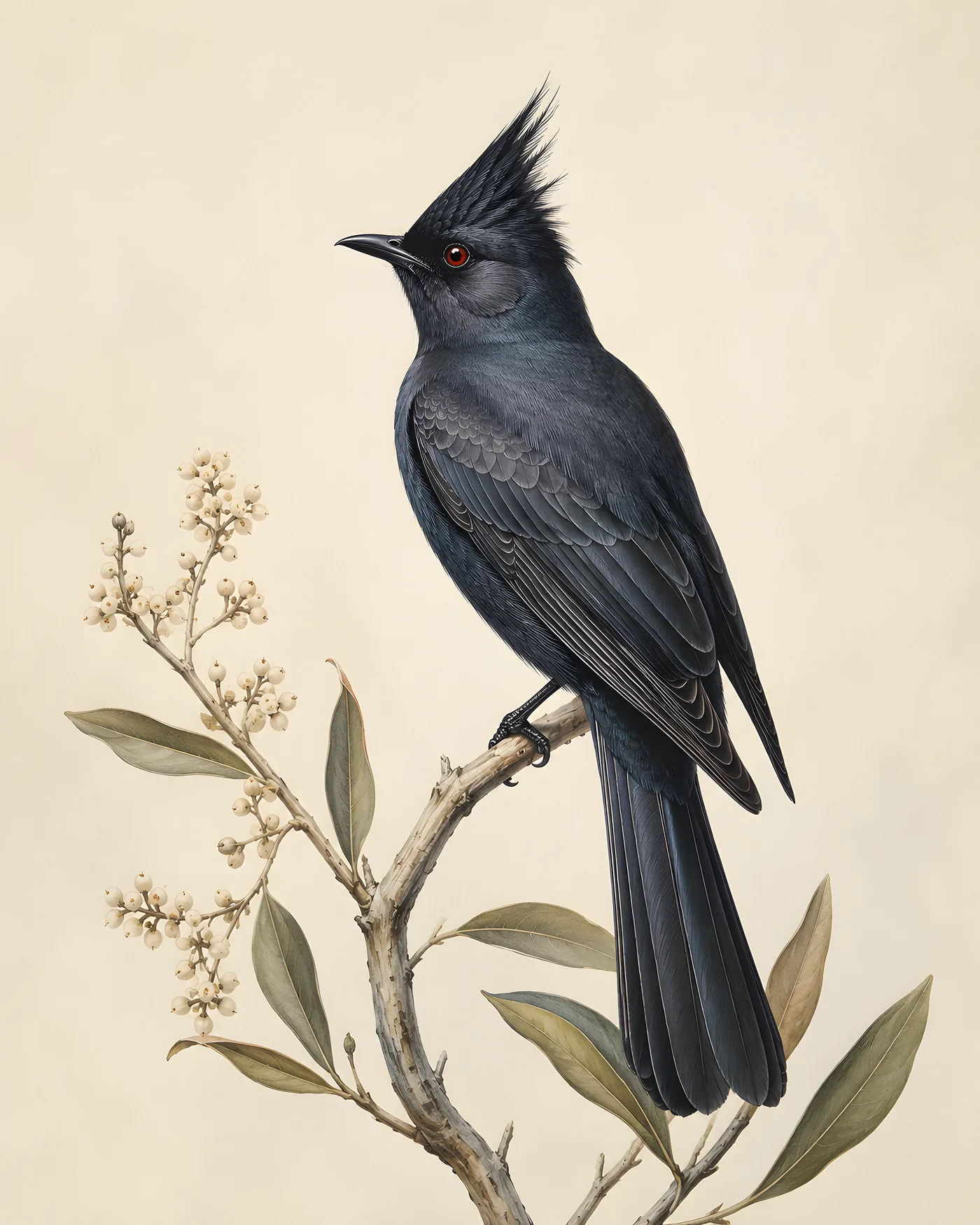Fine-art Phainopepla print in the Audubon style
