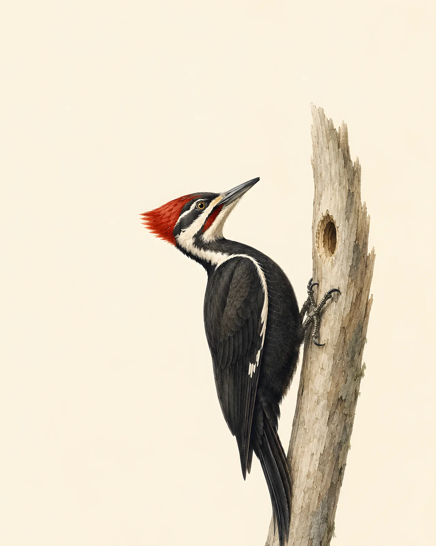 Pileated Woodpecker on the side of a dead birch, excavating with full force, red crest blazing, in the Audubon style
