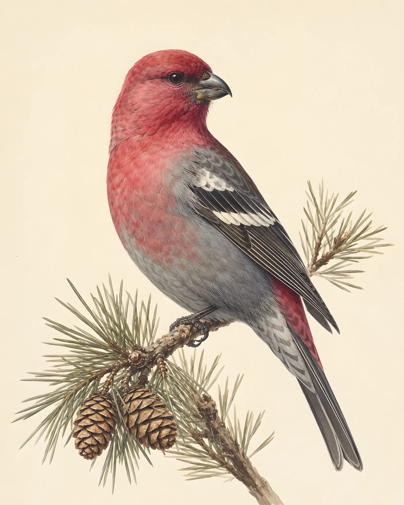 Fine-art print of a male Pine Grosbeak in raspberry-pink and grey perched in a conifer, Audubon style