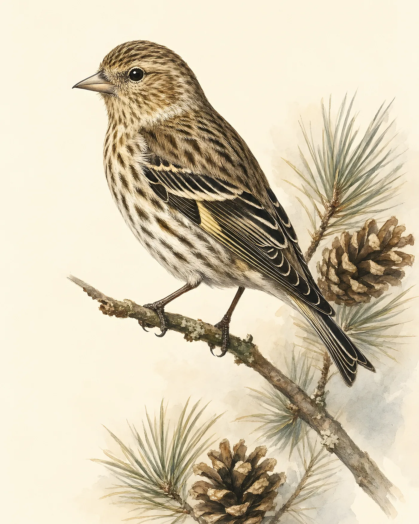 Fine-art plate of a Pine Siskin on a pine branch with cones, streaked brown with a yellow wing flash, in the Audubon style