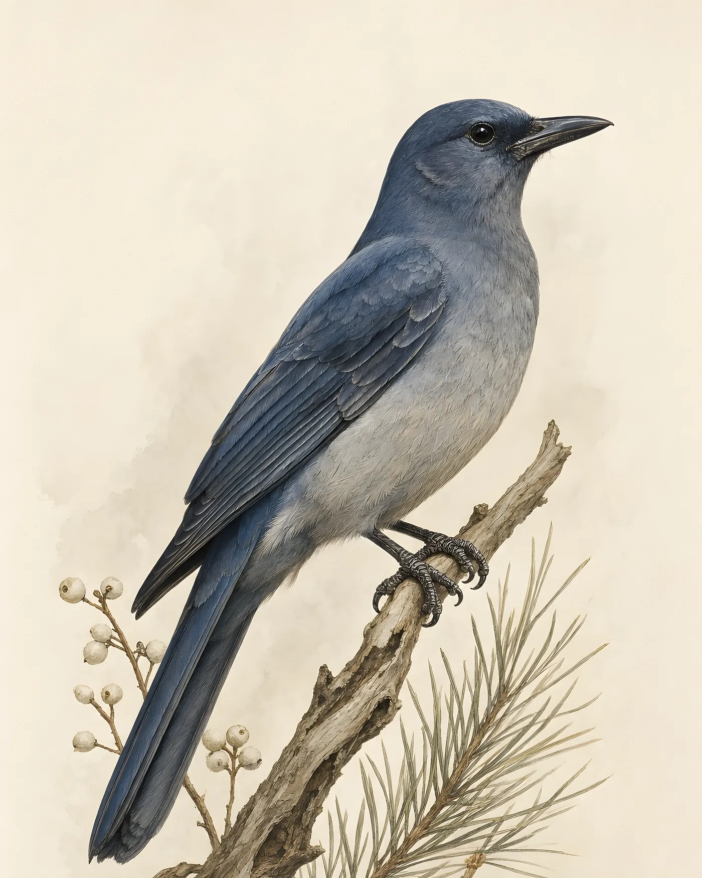 Pinyon Jay Print, soft dusty-blue crestless jay, in a contemporary Audubon-inspired natural-history style