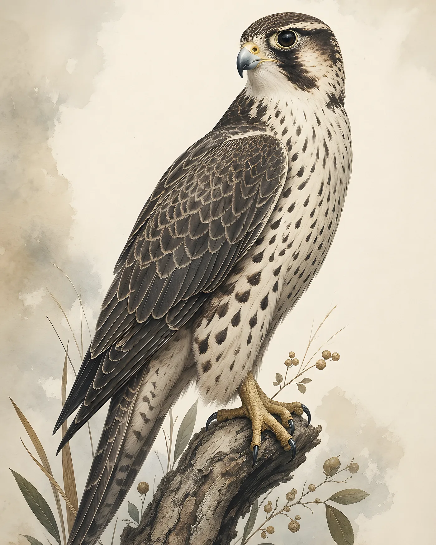 Fine-art Prairie Falcon print in the Audubon style