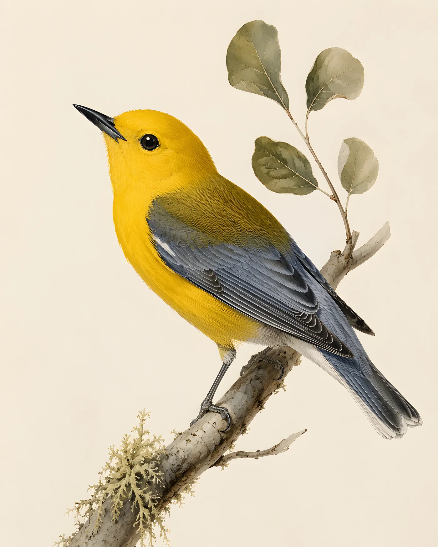 Fine-art Prothonotary Warbler print rendered in a contemporary Audubon-inspired natural-history style with a soft paper-grain finish