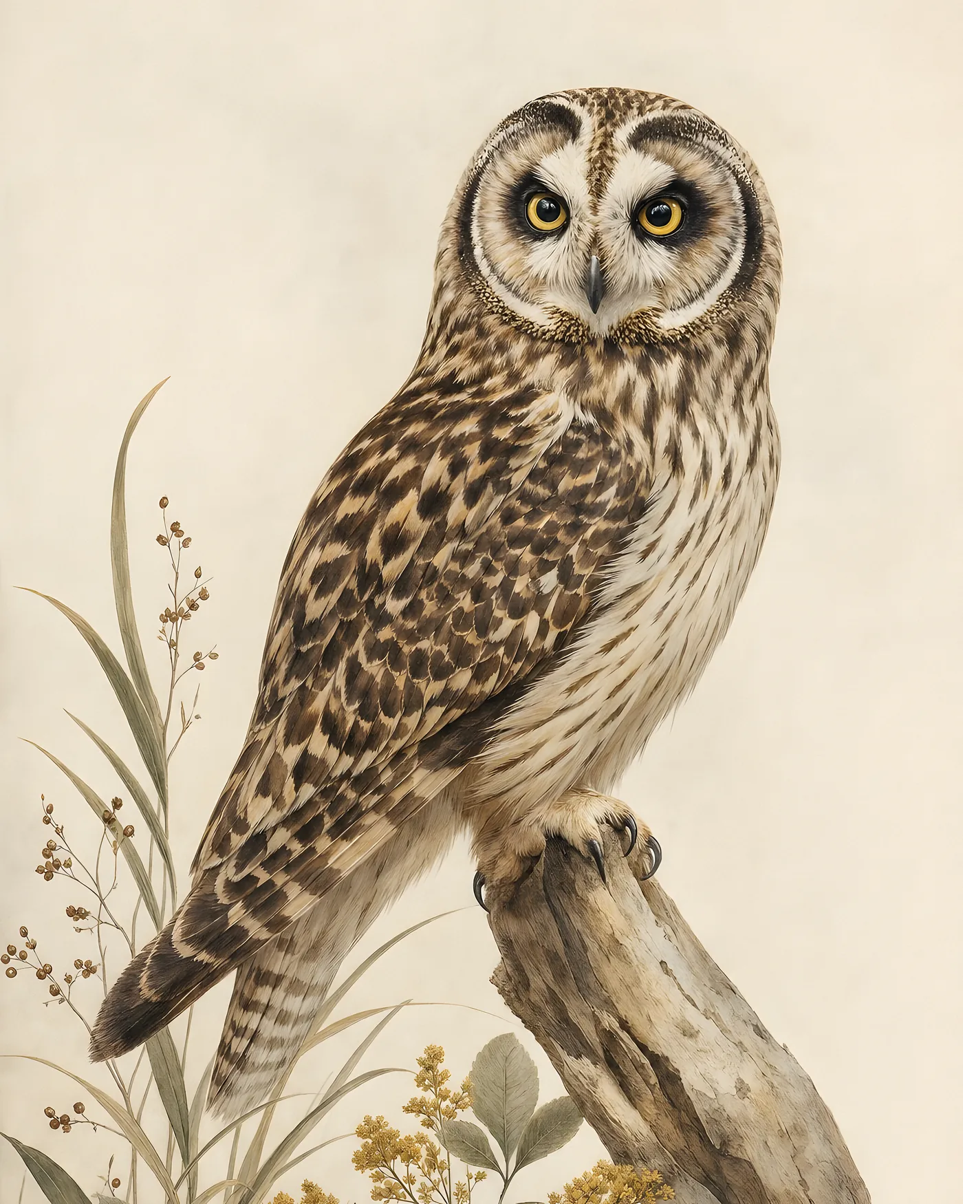 Fine-art Pueo print in the Audubon style