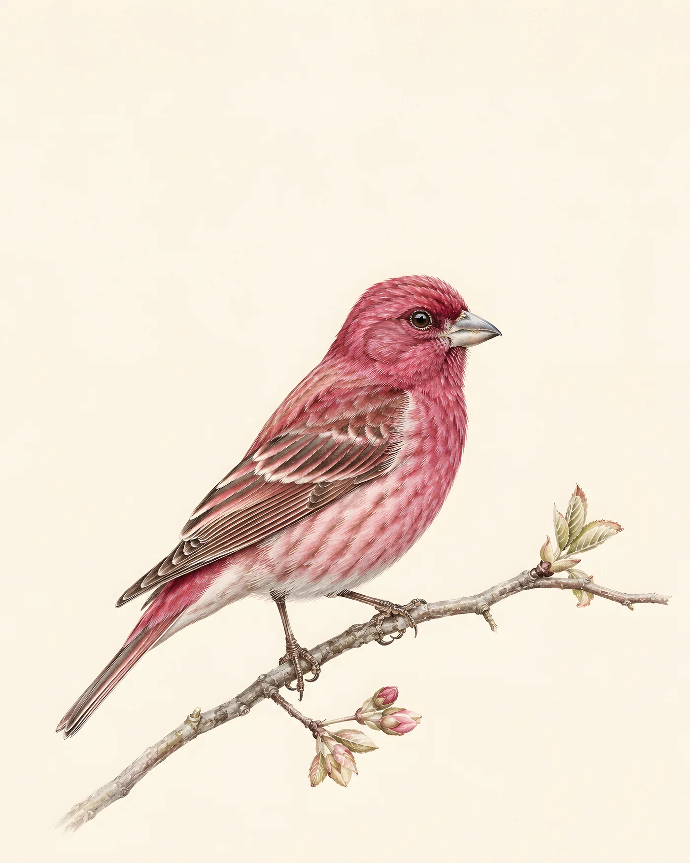 Purple Finch male perched upright, raspberry-red head and breast, in the Audubon style