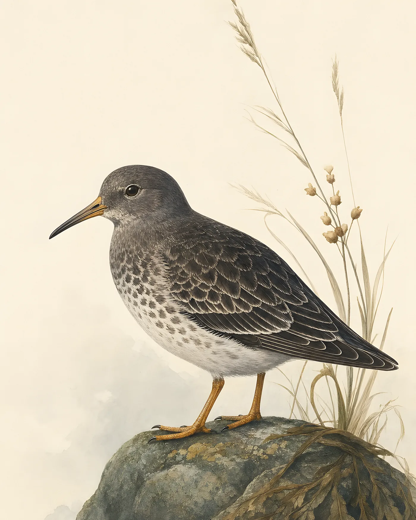 Fine-art Purple Sandpiper print in a contemporary Audubon-inspired natural-history style