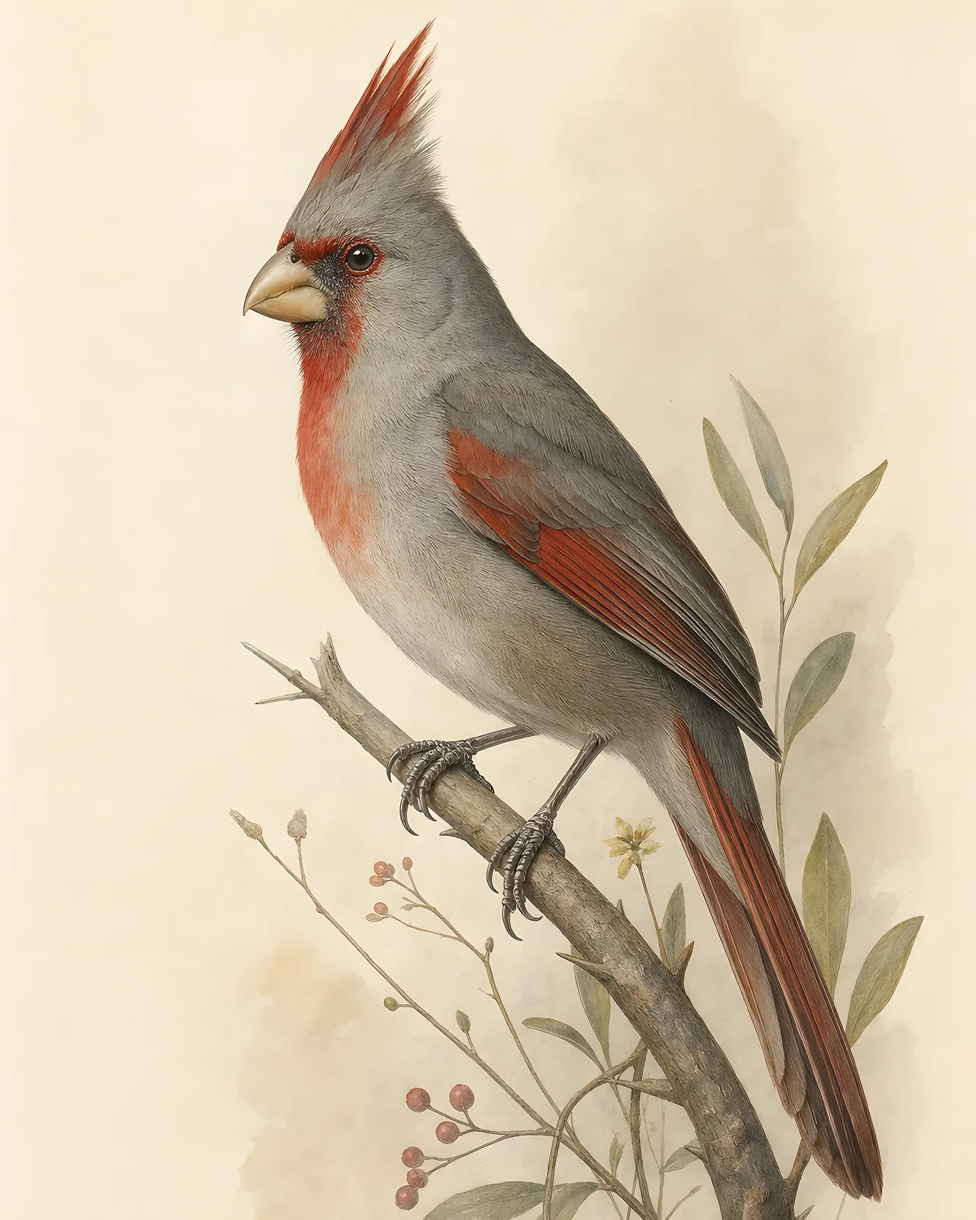 Fine-art Pyrrhuloxia print in the Audubon style