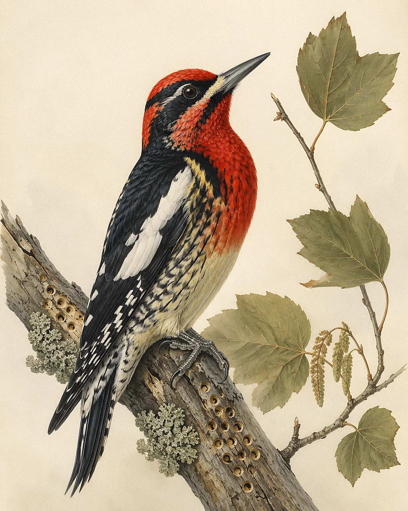 Fine-art print of a Red-breasted Sapsucker with entirely red head and breast on a tree trunk showing the barred black-and-white back, Audubon style