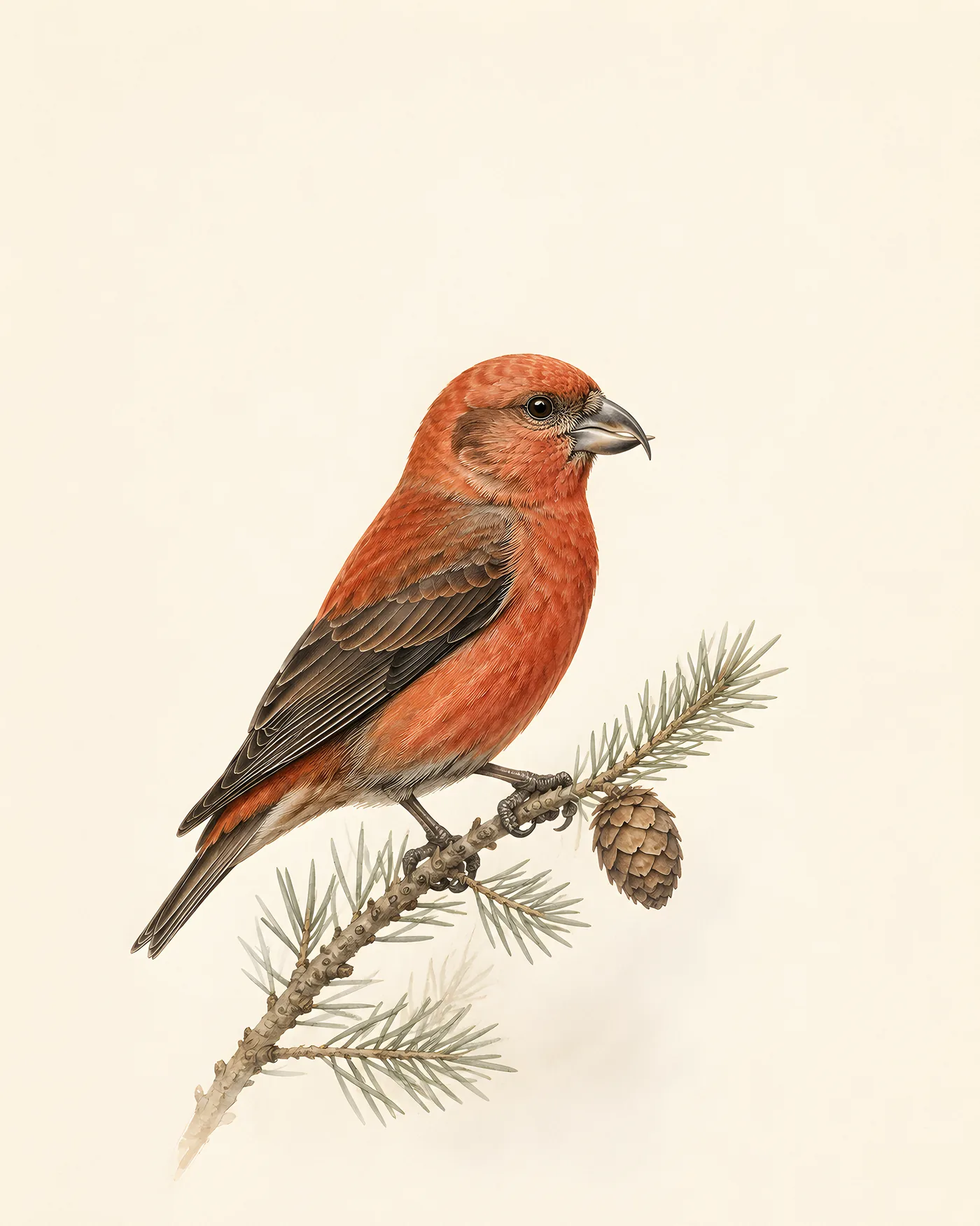 Red Crossbill male on a pine branch, crossed bill prying a cone, in the Audubon style