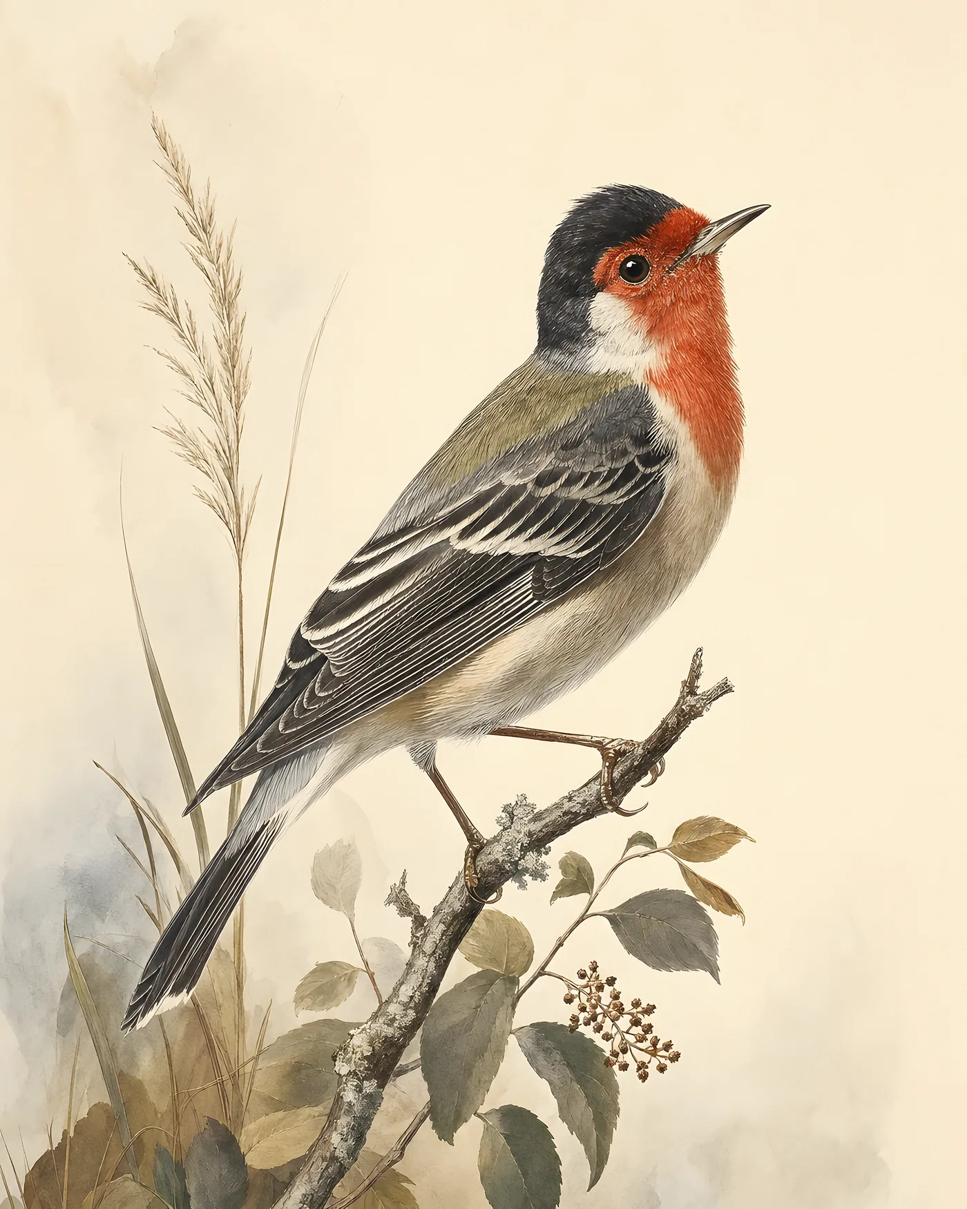 Fine-art Red-faced Warbler print rendered in a contemporary Audubon-inspired natural-history style with a soft paper-grain finish