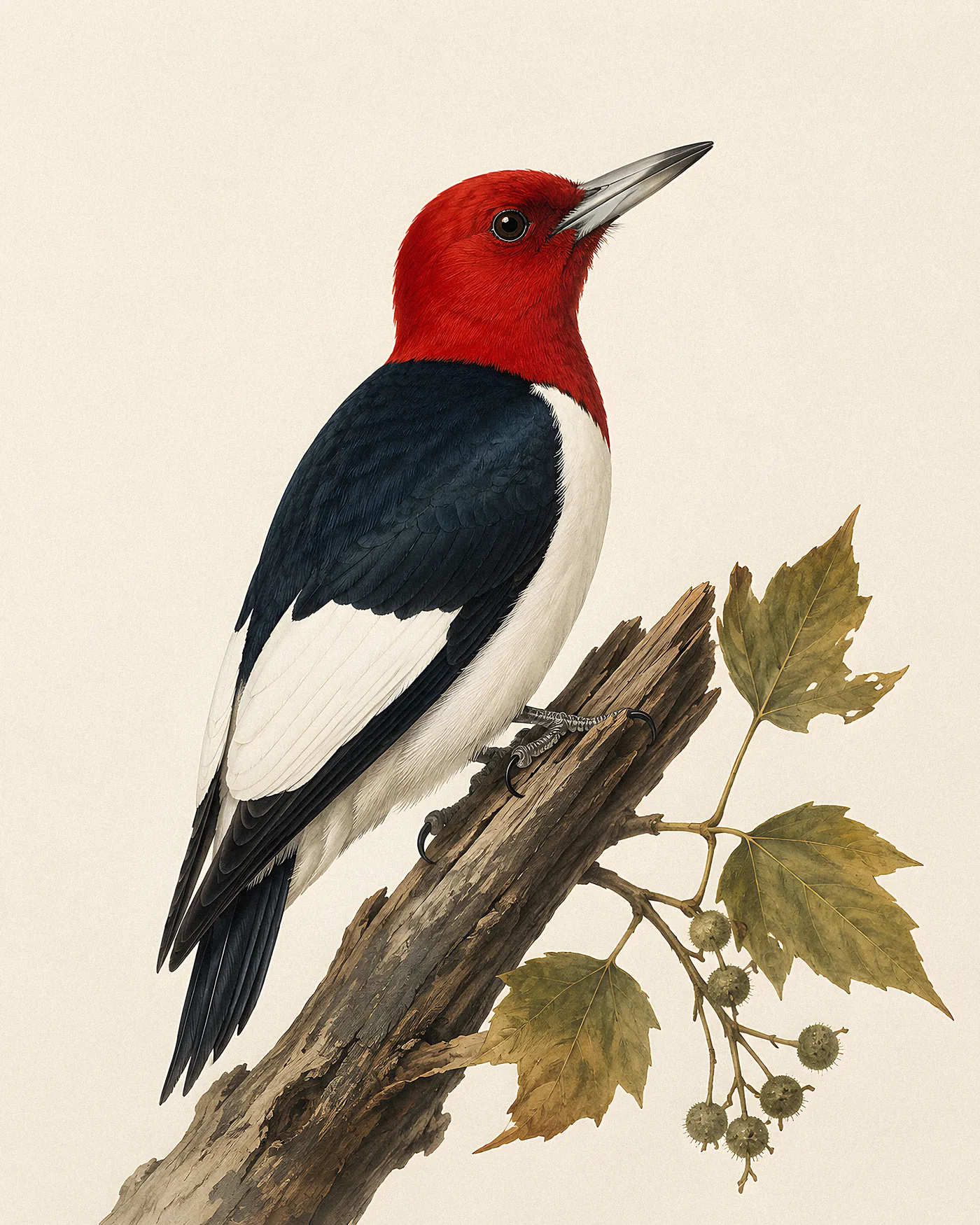Fine-art print of a Red-headed Woodpecker with all-red head, white body and blue-black wings on a snag, Audubon style
