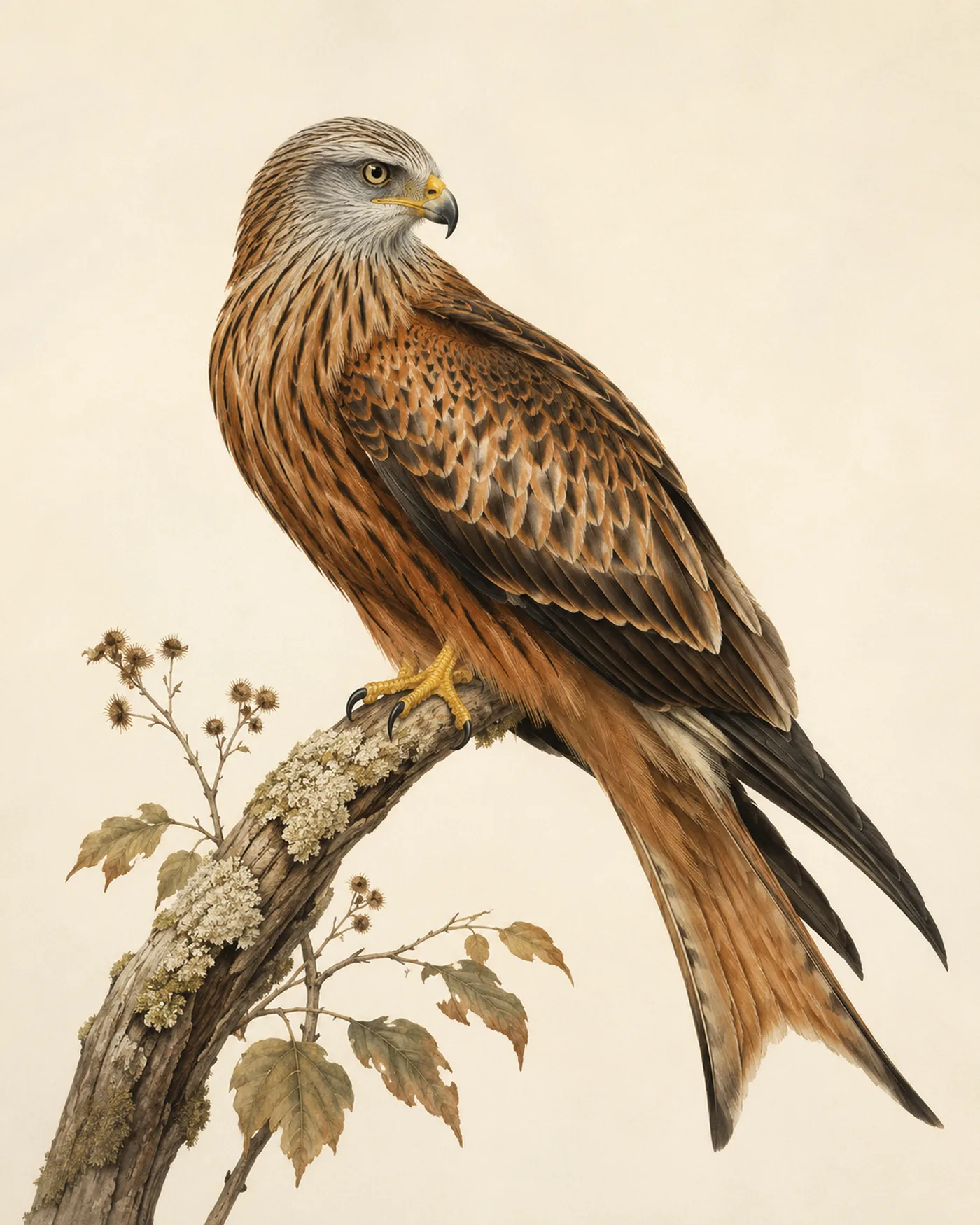 Red Kite soaring, forked tail open, russet body visible from below, in the Audubon style