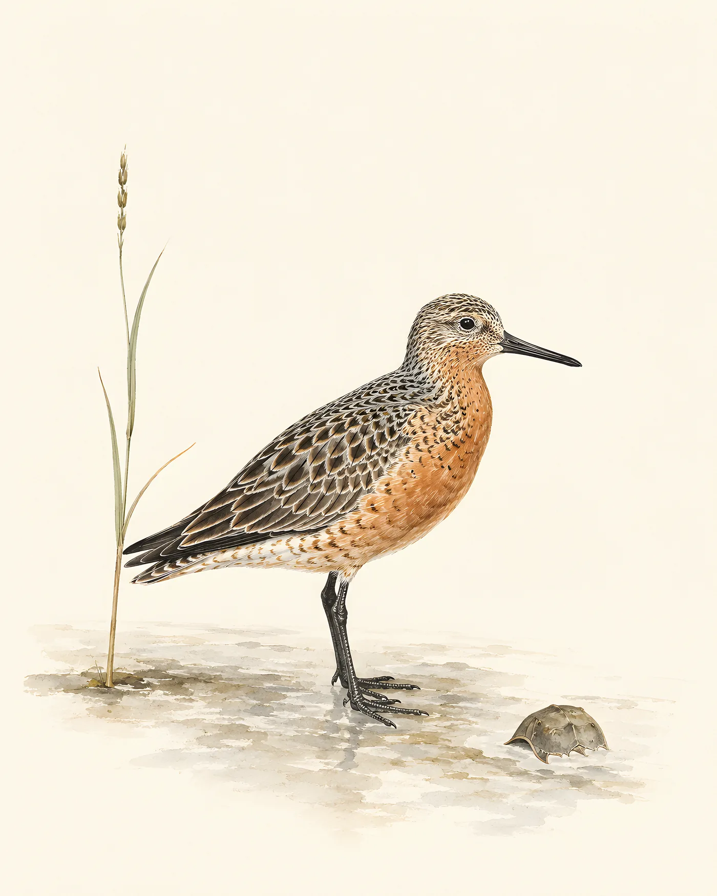 Fine-art Red Knot print in a contemporary Audubon-inspired natural-history style