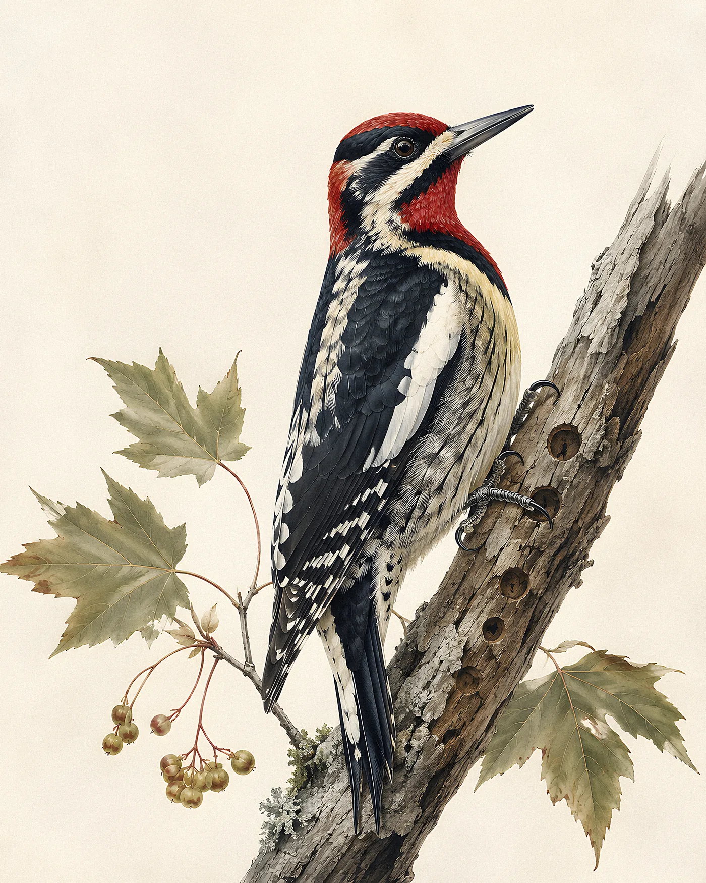 Fine-art print of a Red-naped Sapsucker showing red forehead, red nape patch, and black-and-white patterned back on a tree trunk, Audubon style