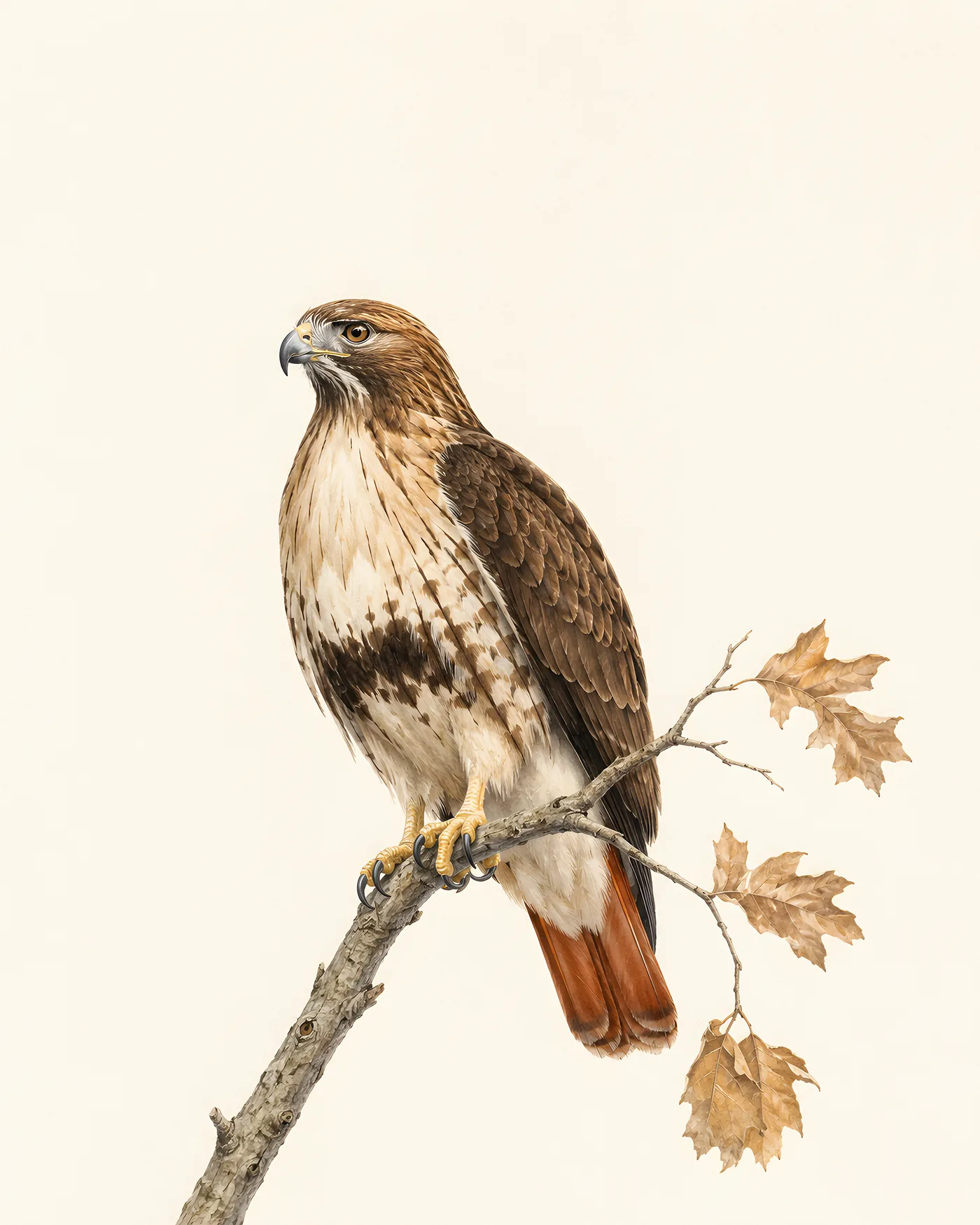Red-tailed Hawk on a fence post in an open field, tail fanned, in the Audubon style