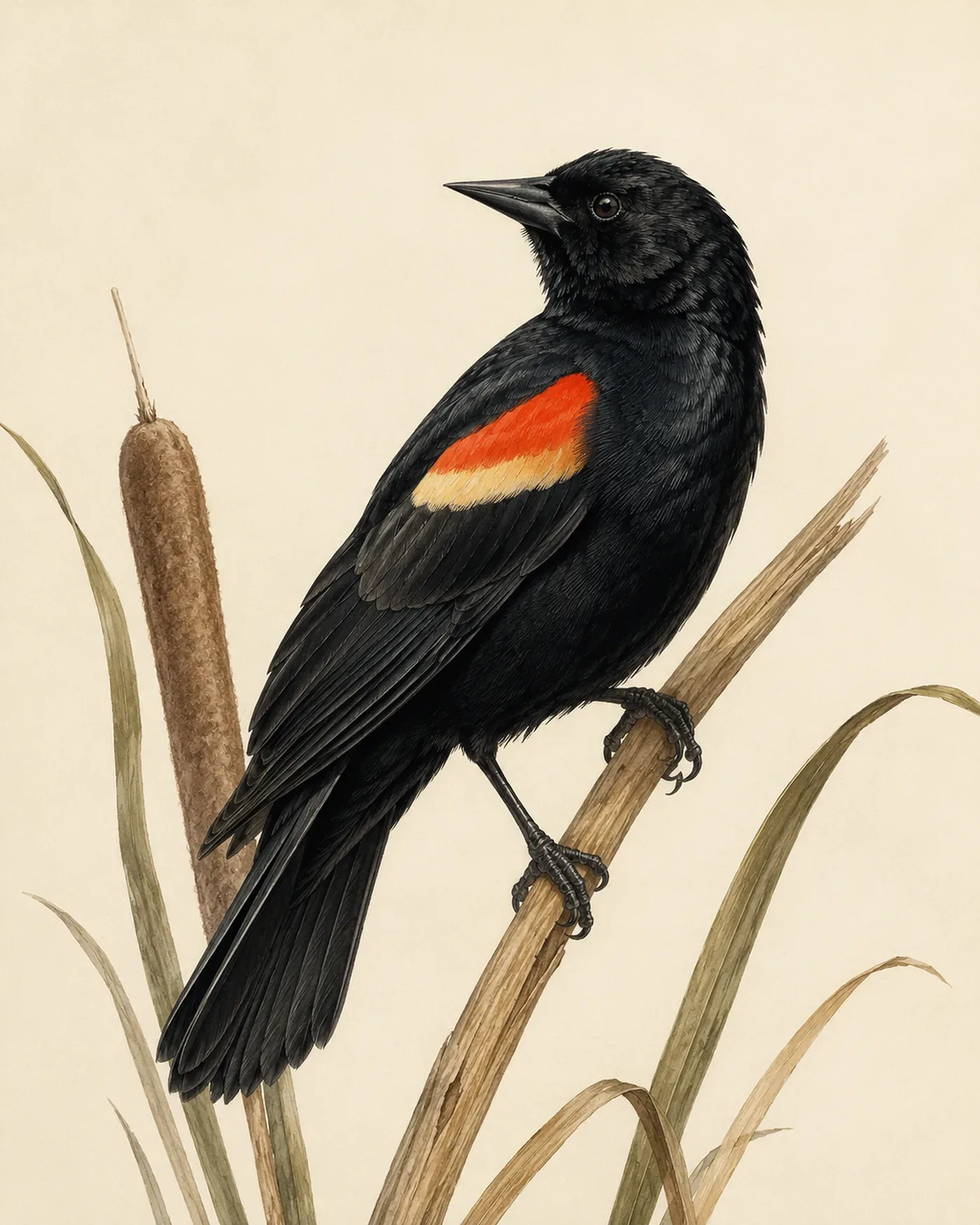 Red-winged Blackbird male in display, wing raised to show red epaulet, in the Audubon style