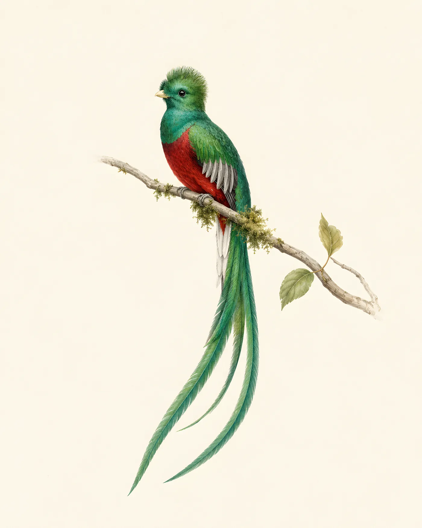 Male Resplendent Quetzal perched on a cloud-forest branch with emerald plumage, red breast and long green tail streamers.