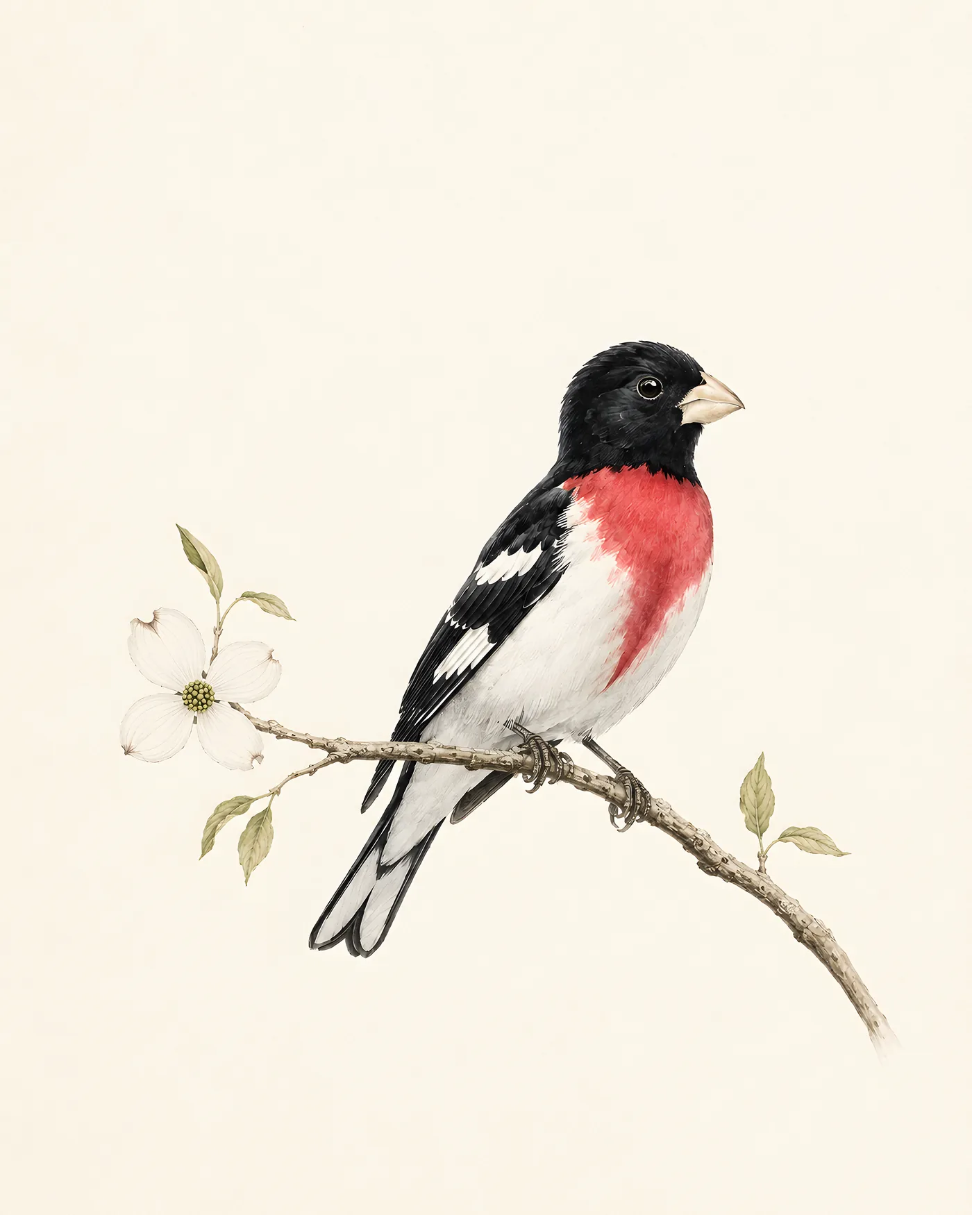 Rose-breasted Grosbeak male perched, rose-red triangle visible on white breast, in the Audubon style
