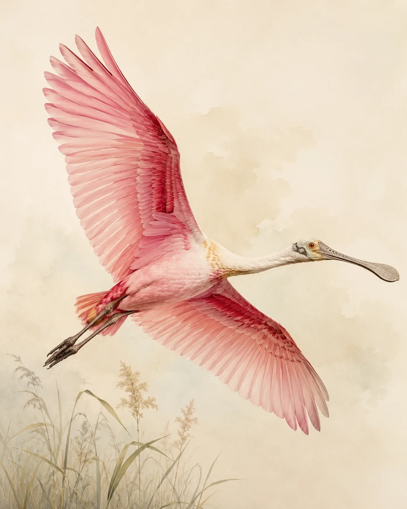 Audubon-style fine-art print of a Roseate Spoonbill in flight, wings spread