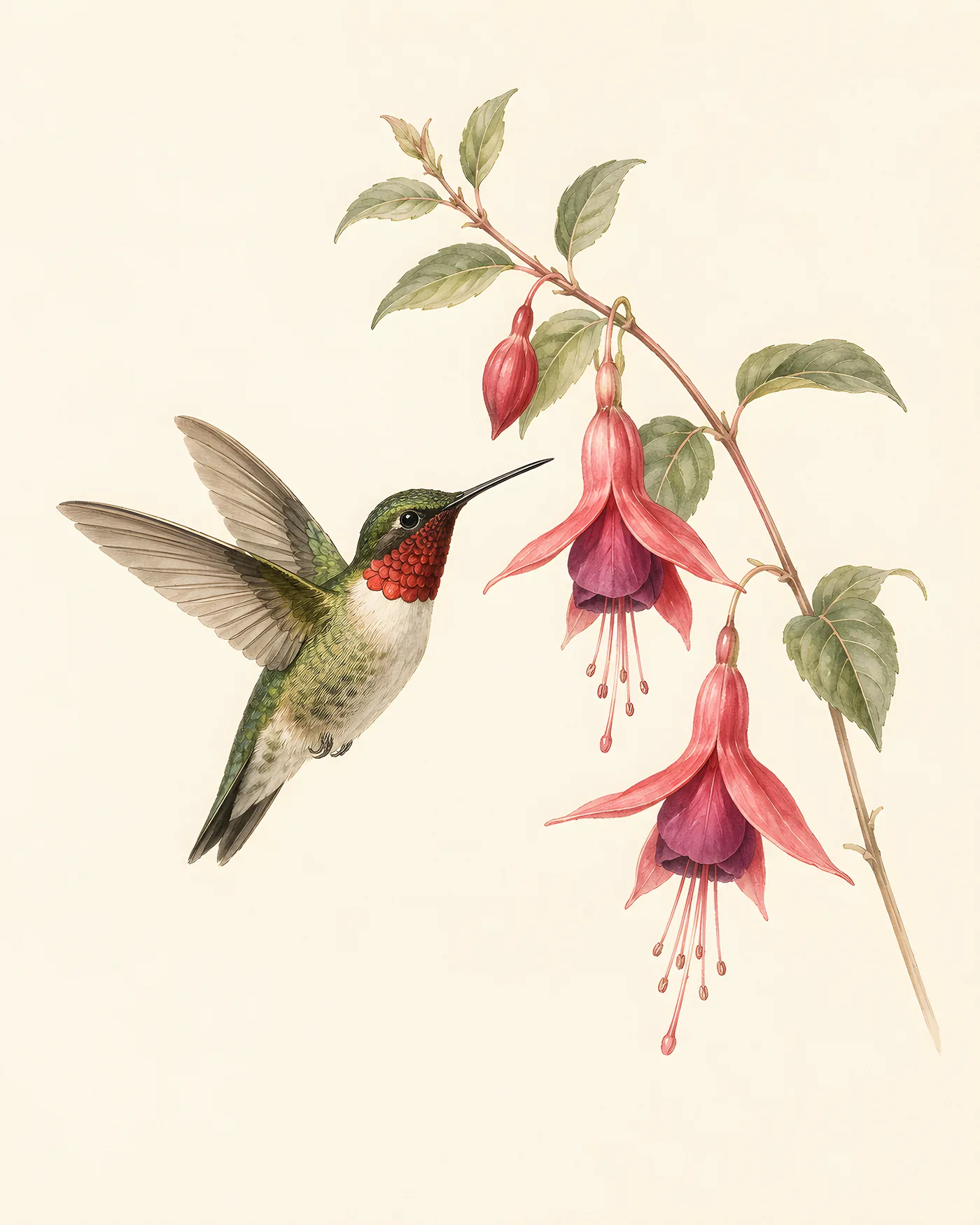 Audubon-style fine-art print of a Ruby-throated Hummingbird at a fuchsia bloom