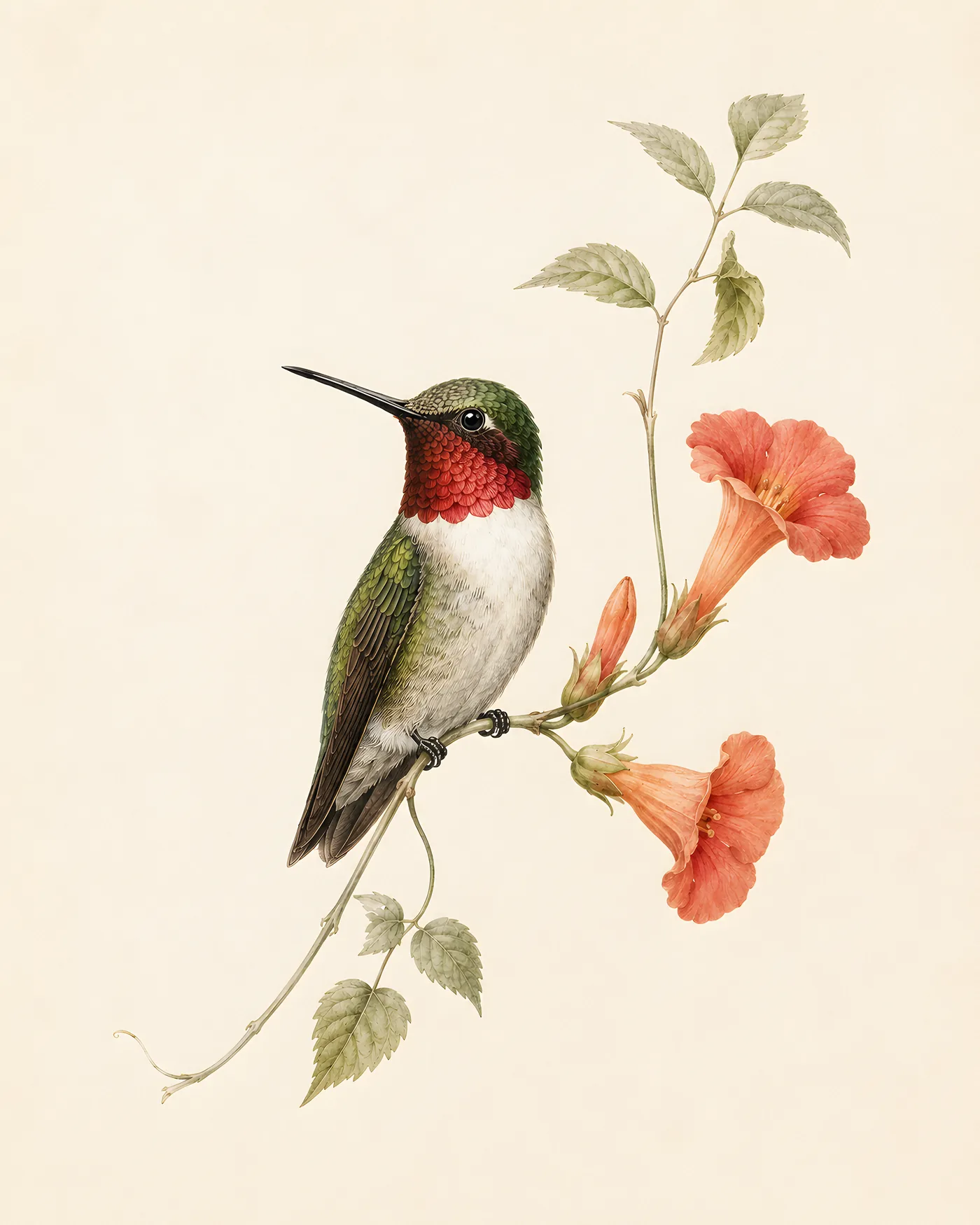 Fine-art Ruby-throated Hummingbird print beside trumpet vine on a warm cream ground