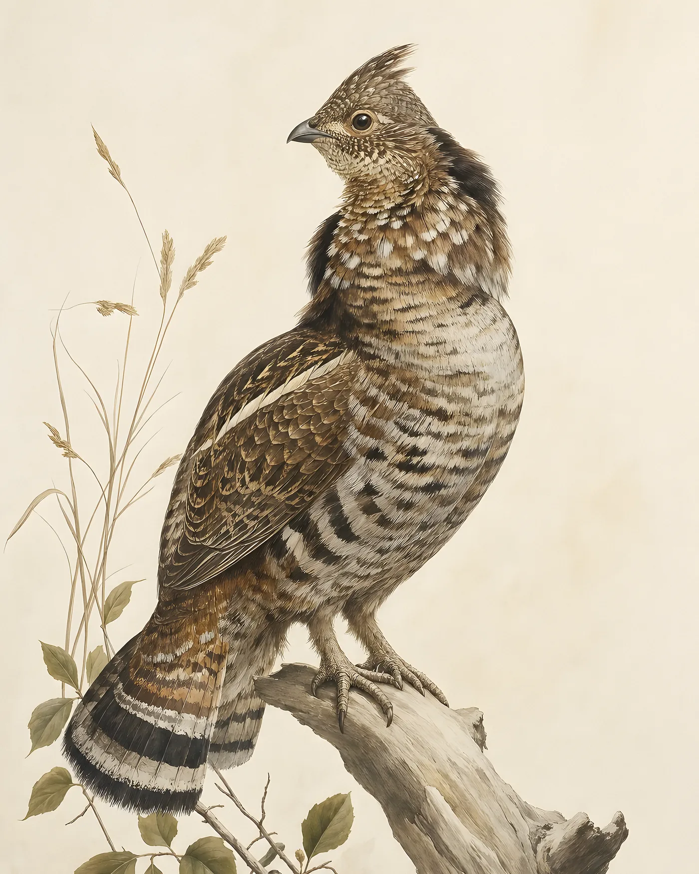 Ruffed Grouse male in full display, ruff raised, tail fanned, in the Audubon style