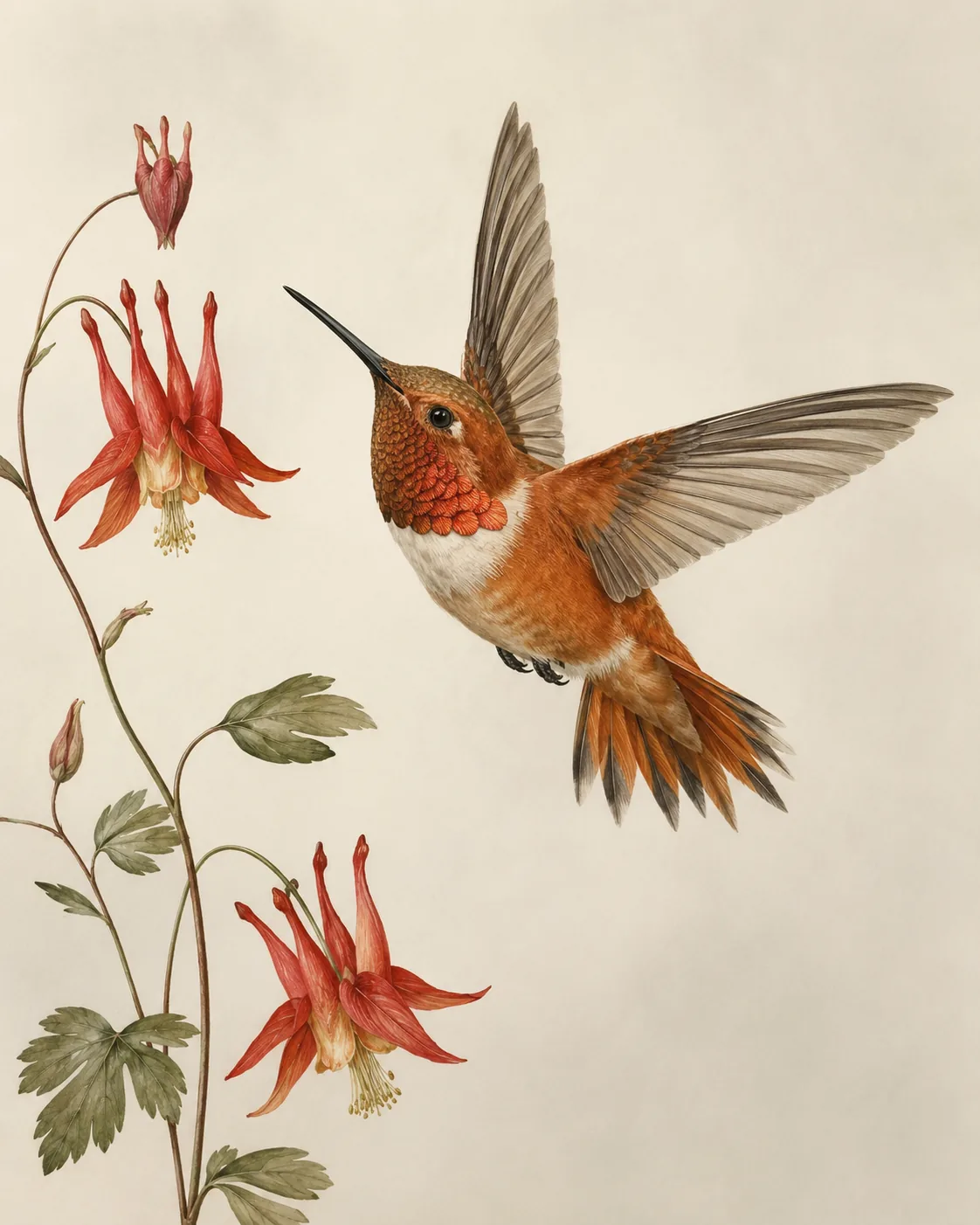 Audubon-style fine-art print of a Rufous Hummingbird in flight, wings spread and gorget catching the light
