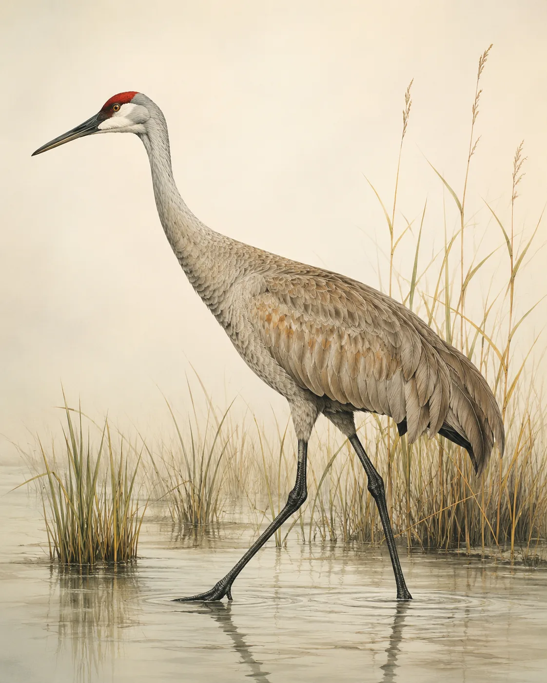 Fine-art plate of a Sandhill Crane in the Audubon style