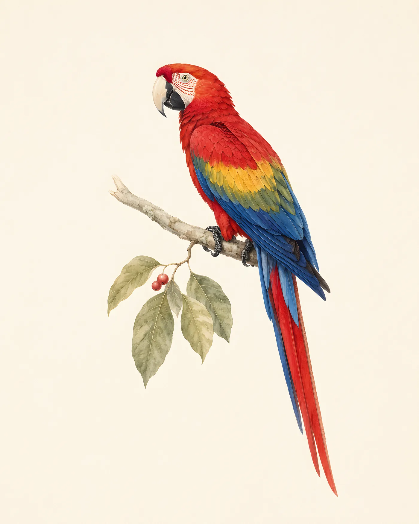 Scarlet Macaw perched side-on, full wing pattern visible, tail fanned, in the Audubon style