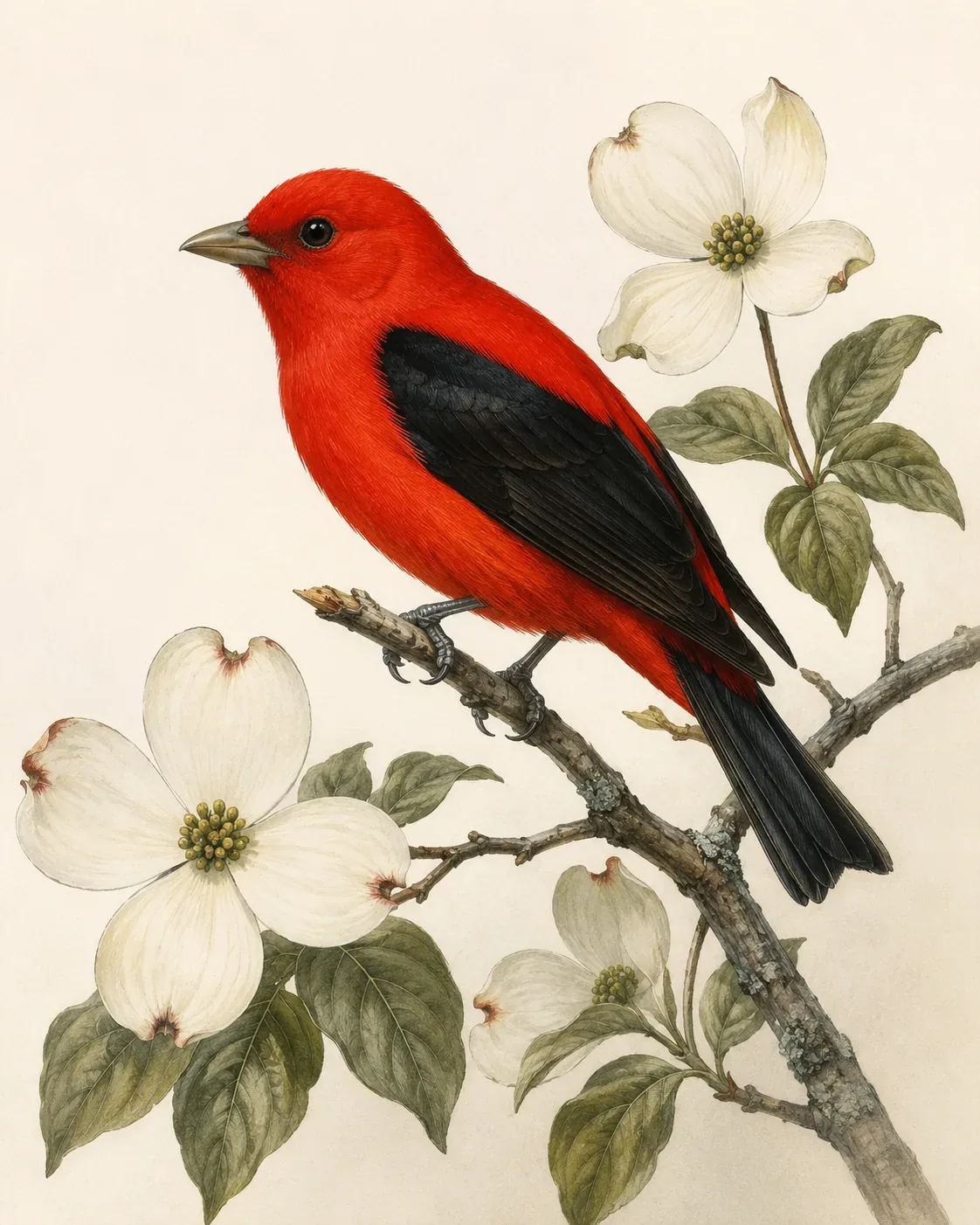 Audubon-style fine-art print of a Scarlet Tanager perched on flowering dogwood