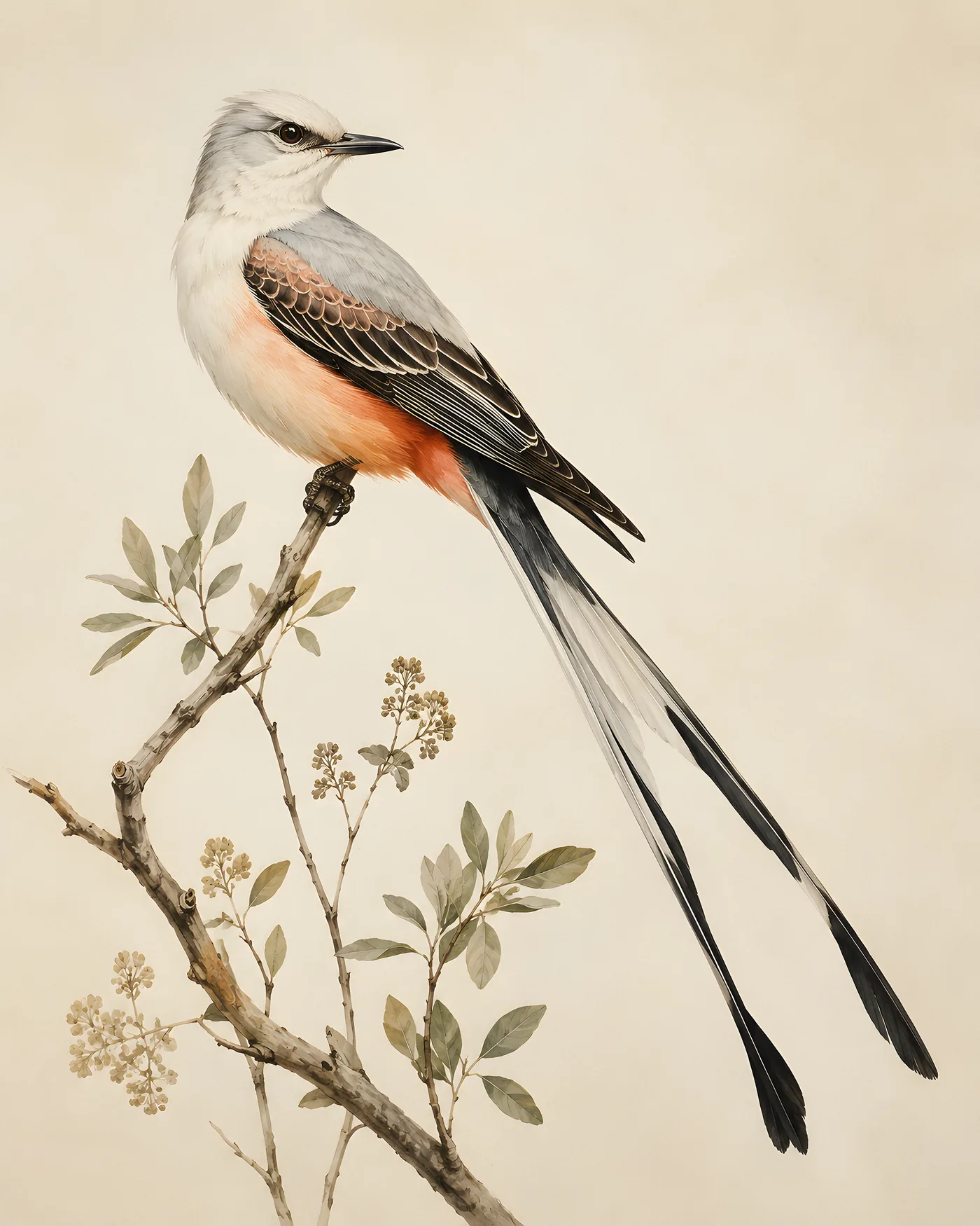 Fine-art Scissor Tailed Flycatcher print in the Audubon style