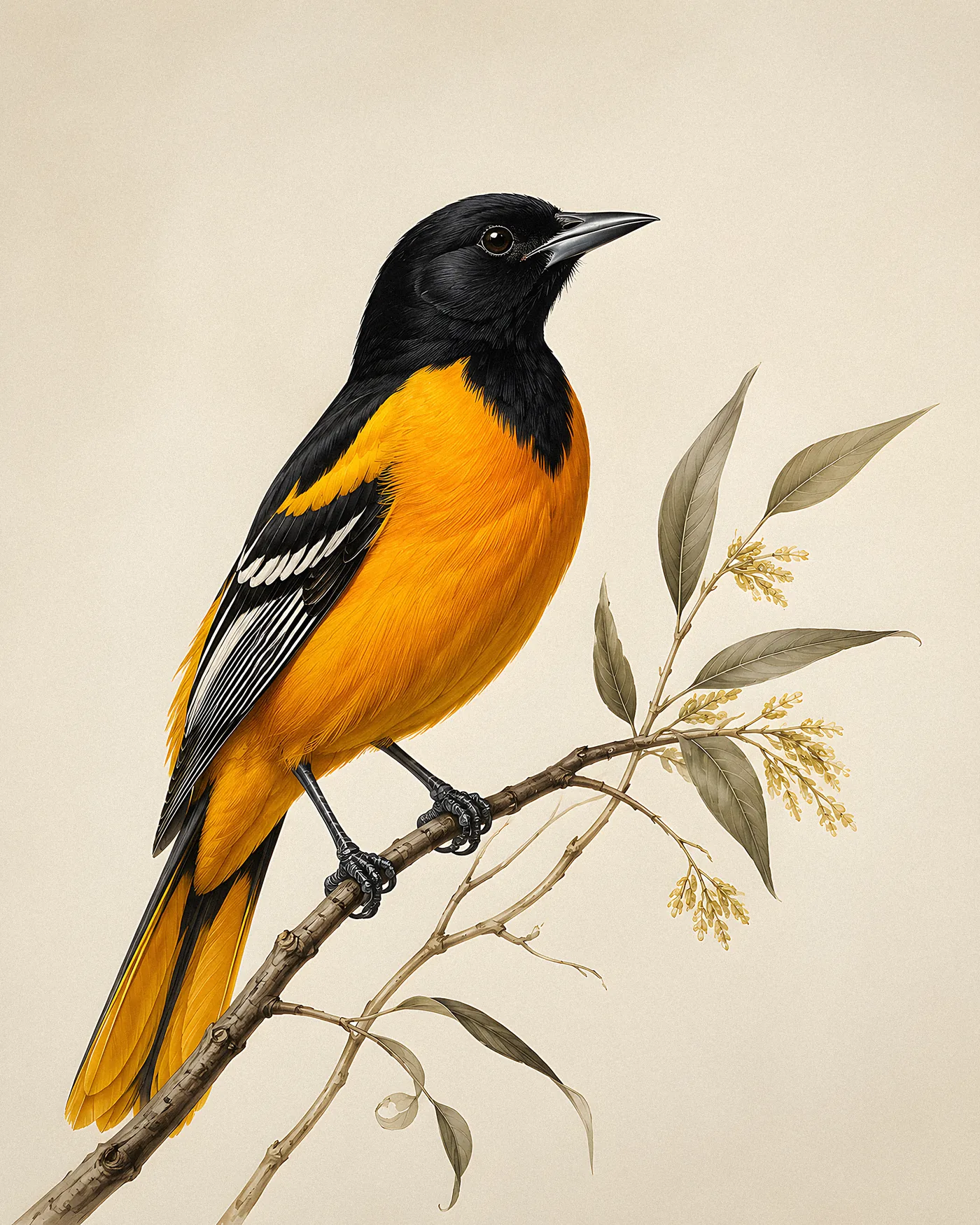 Fine-art print of a male Scott's Oriole in lemon-yellow and black perched on a yucca stalk, Audubon style