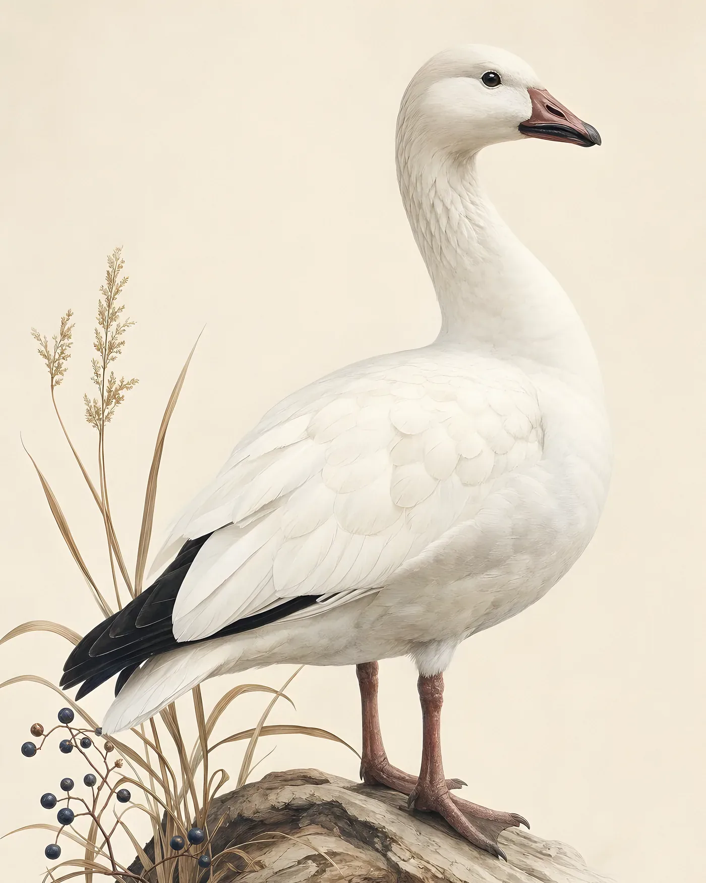Snow Goose in upright alert posture, white plumage and black wingtips, in the Audubon style