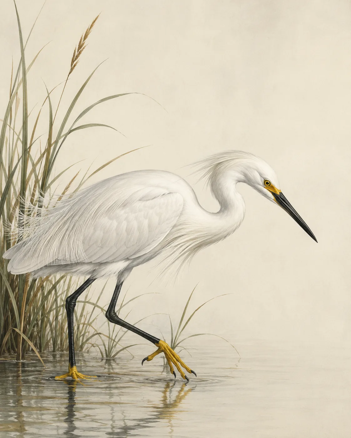 Audubon-style fine-art print of a Snowy Egret stalking in shallow water