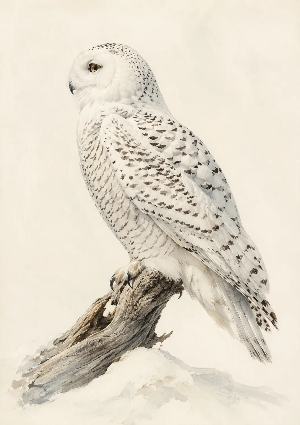 Audubon-style fine-art print of a Snowy Owl perched on weathered driftwood
