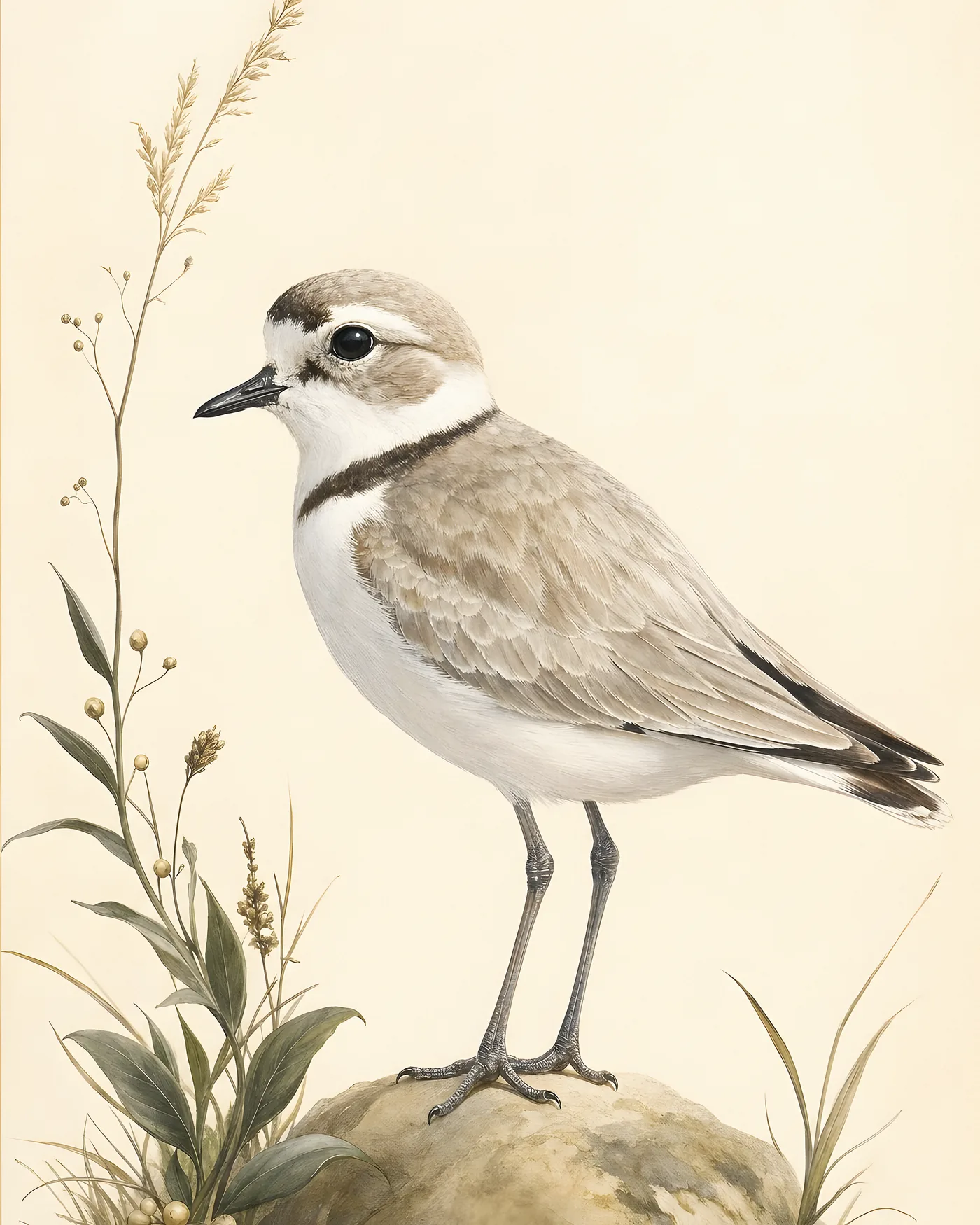 Fine-art Snowy Plover print in a contemporary Audubon-inspired natural-history style